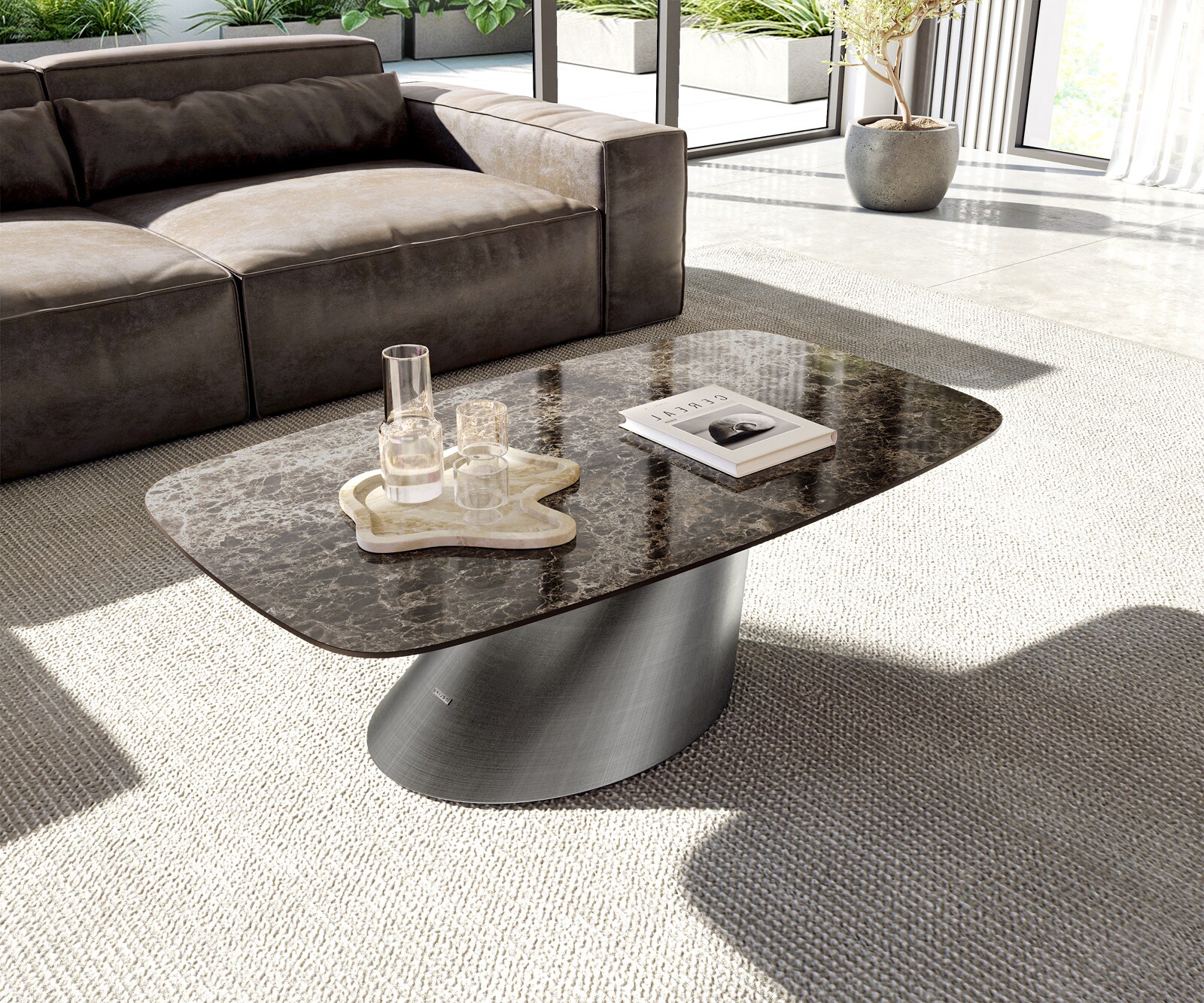 Stolik kawowy Edge w kształcie beczki 120x70 cm ceramika Laminam® Emperador Extra Lucidato ciemnobrązowy Conis srebrny metaliczny