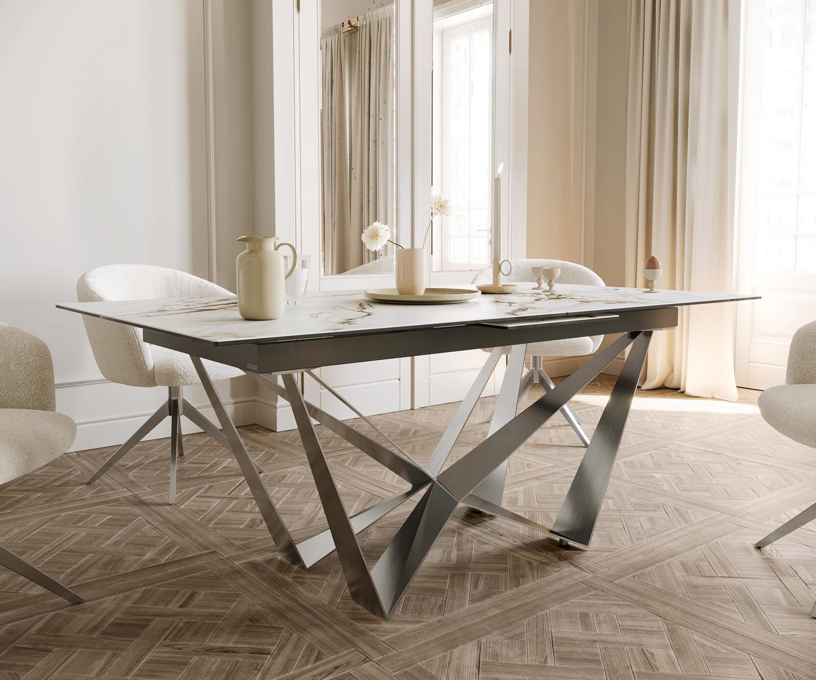 Stół do jadalni Edge 180-220x100 cm ceramika Calacatta Luxe biało-złoto-szary rama Spider stal nierdzewna rozkładany 5