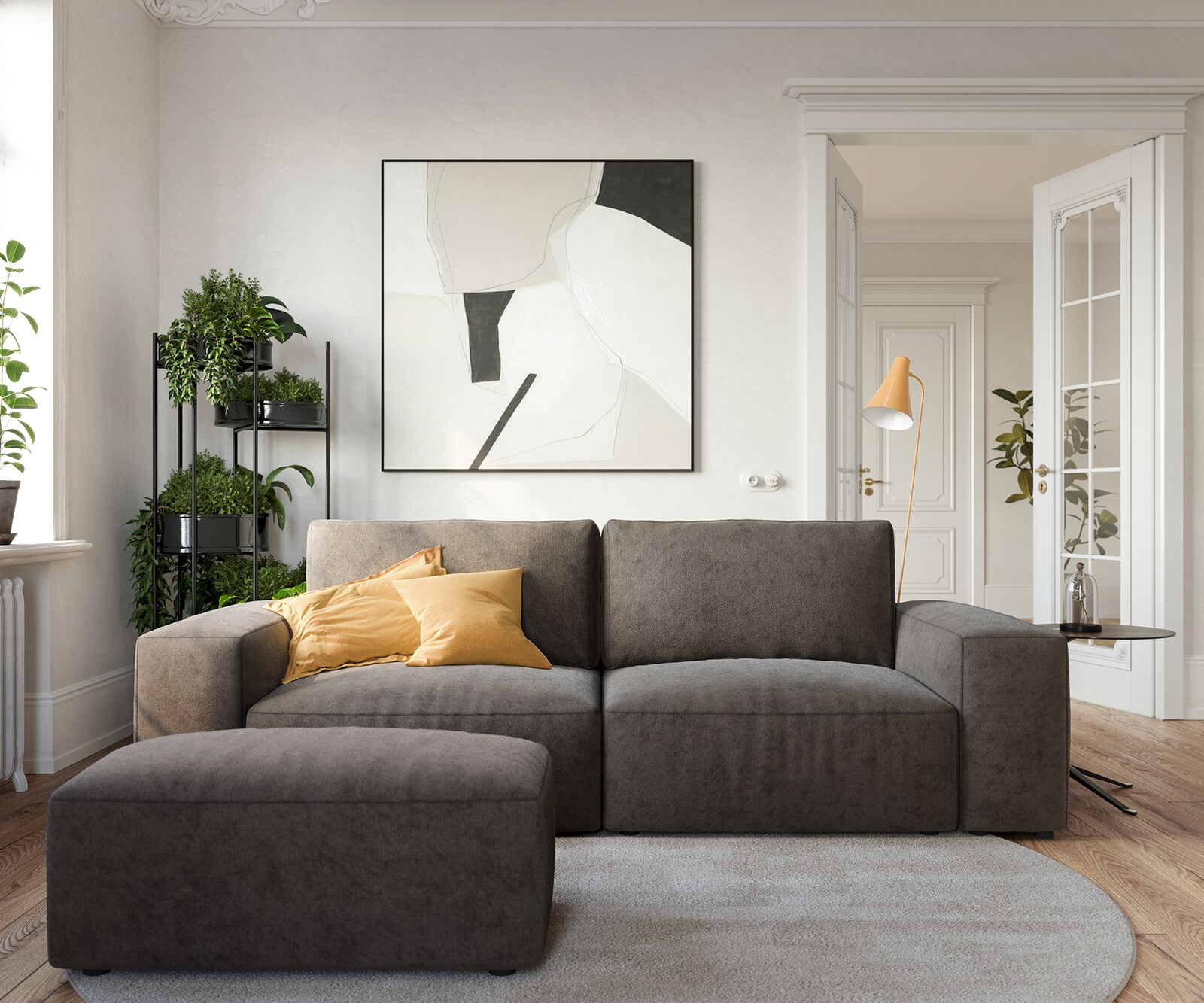 Duża sofa Lanzo L 250x105 cm mikrofibra khaki brązowa z pufem 1