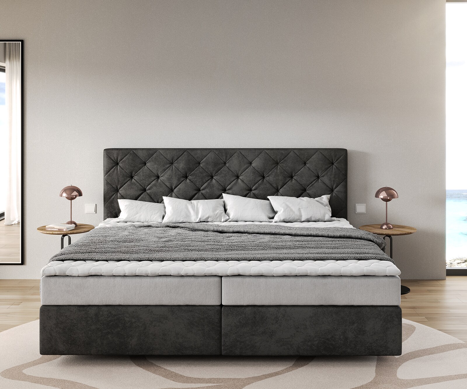 Łóżko kontynentalne Dream-Great mikrofibra antracyt vintage 200x200cm materac bonellowy topper PU 1