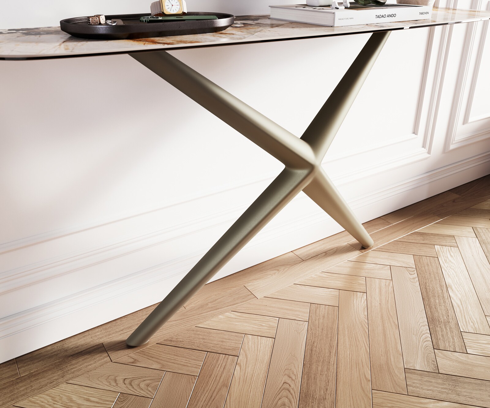Konsola Edge w kształcie beczki 140x40 cm ceramika Patagonia rama Estelo metal w kolorze tytanu 5