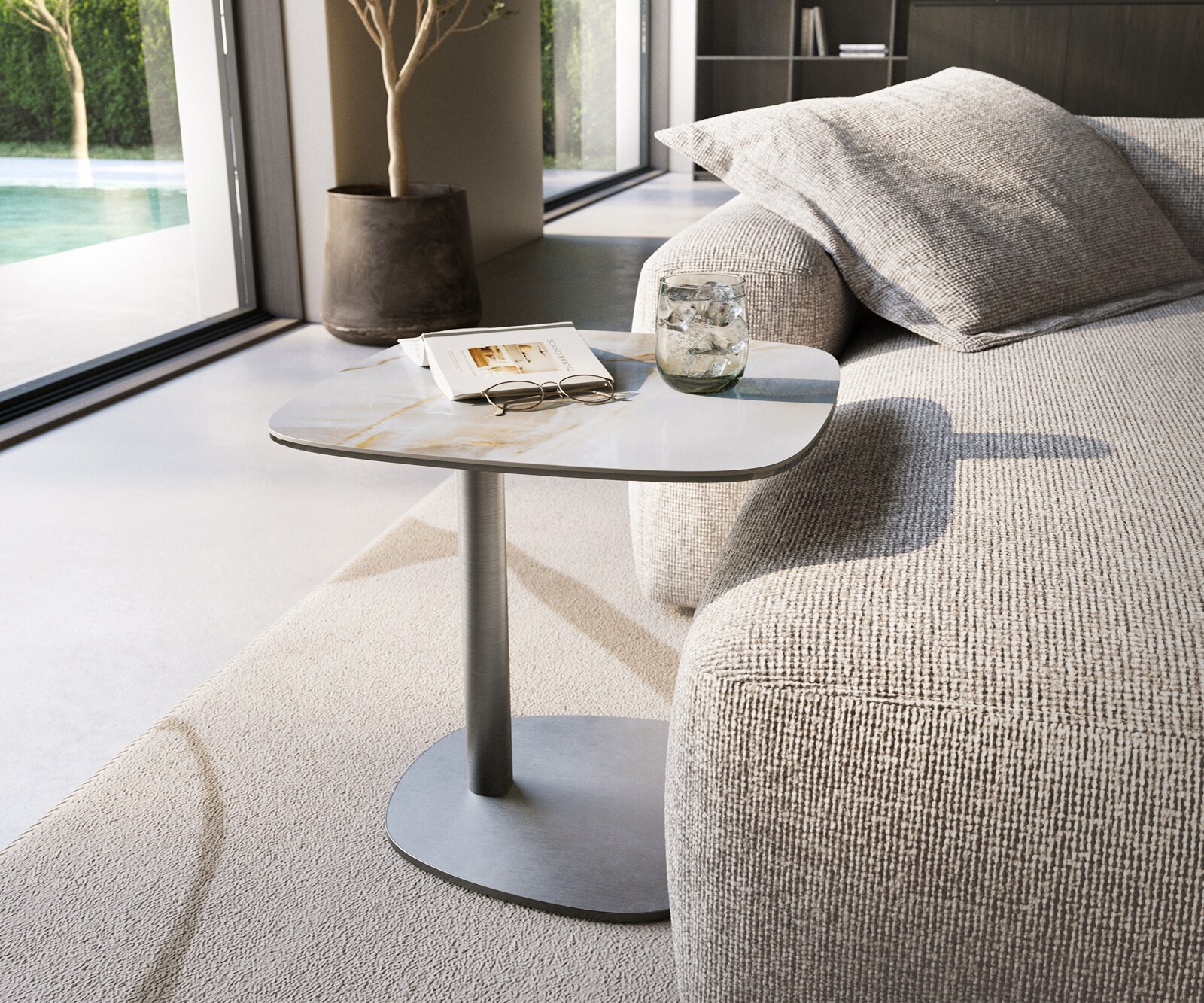 Stolik kawowy Edge w kształcie beczki 50x50 cm ceramika Onyx Pearl podstawa Eleny stal nierdzewna 1