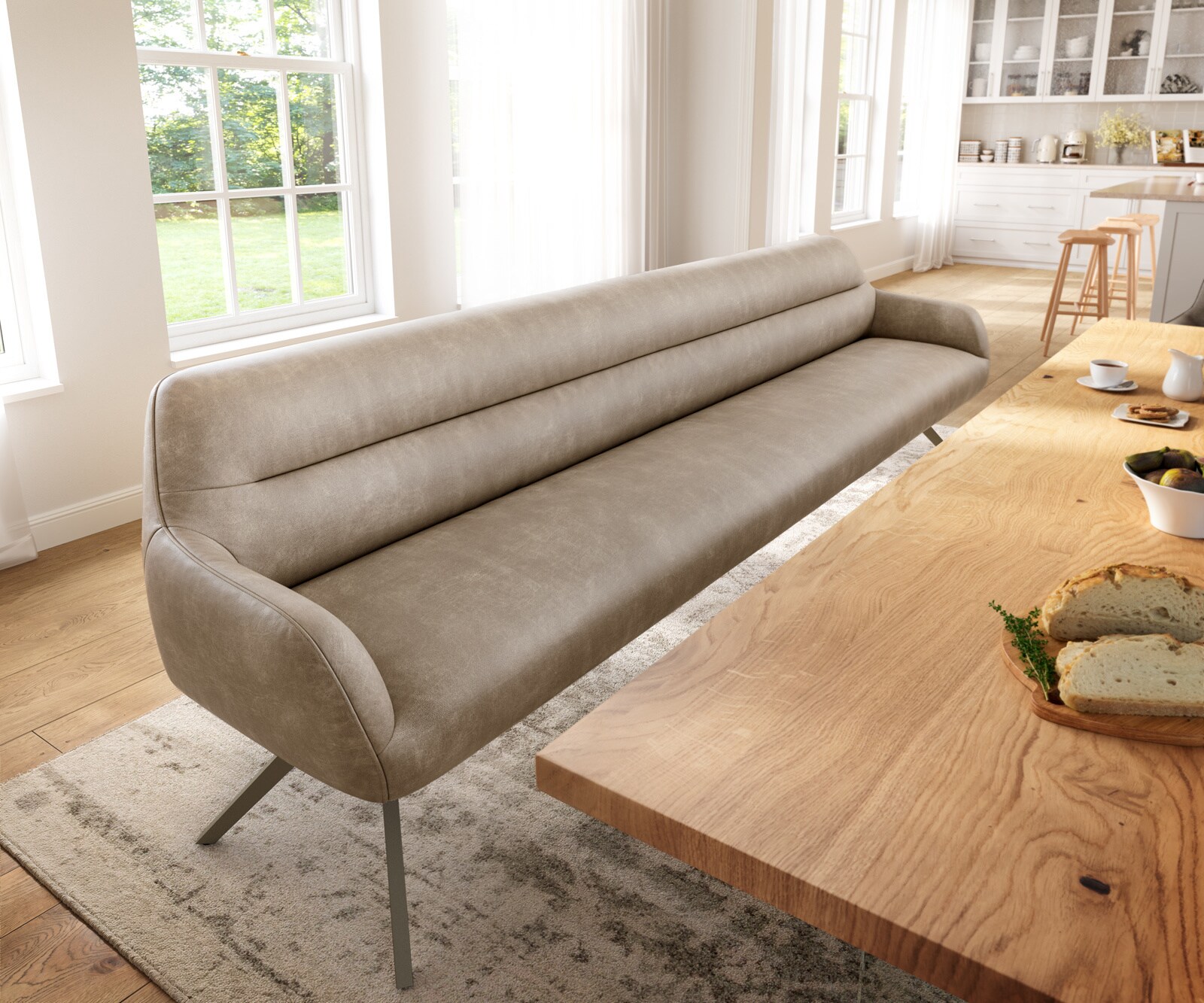 Ławka do jadalni Taya-Flex 300 cm mikrofibra beżowy vintage podstawa krzyżowa kątowa w kolorze tytanu sprężyny kieszeniowe 1