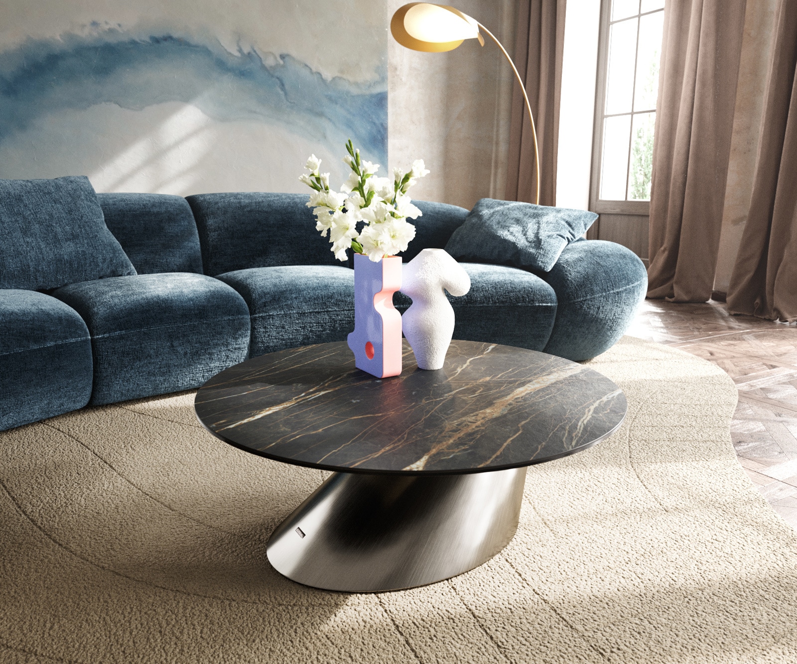 Stolik kawowy Edge okrągły 90x90 cm ceramika Laminam® Noir Desir brązowa podstawa Conis stal nierdzewna szczotkowana 1