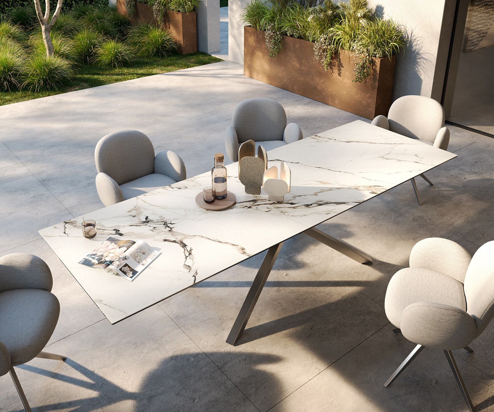 Stół ogrodowy Edge 300x100 cm ceramika Calacatta Luxe biało-złoto-szary rama Cross stal nierdzewna 3
