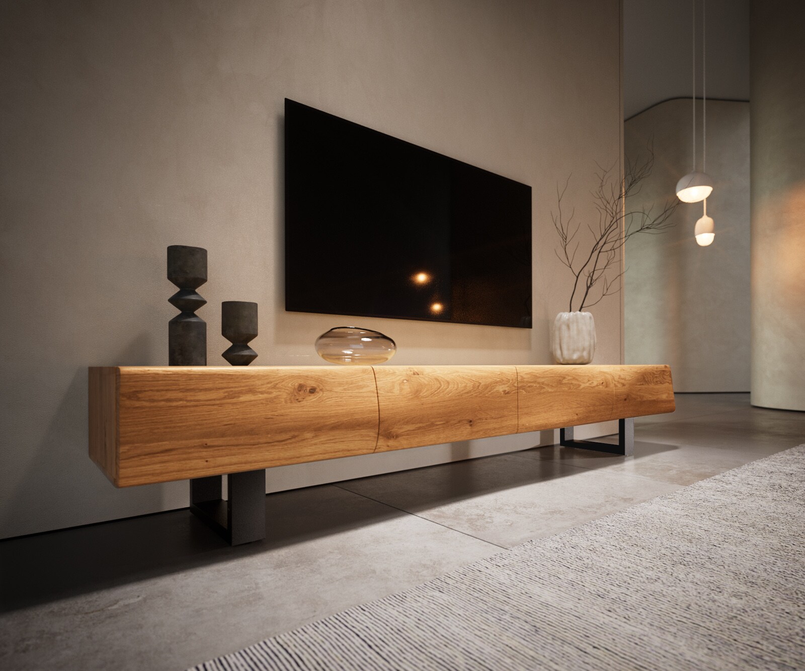 Szafka RTV New Live-Edge 200 cm dąb naturalny 4 drzwi nóżki płozowe metal czarny 4