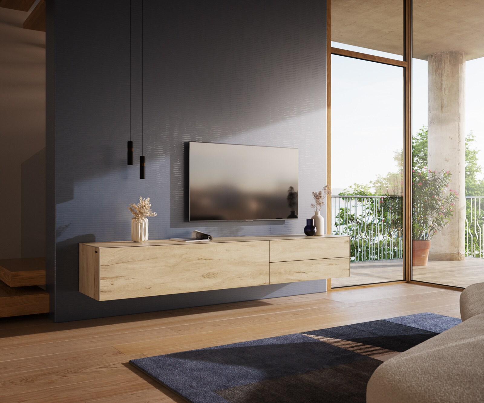 Szafka RTV Cuor 220 cm ceramika Laminam® Sabbia (kolor dębu) 1 klapa 2 szuflady podwieszana