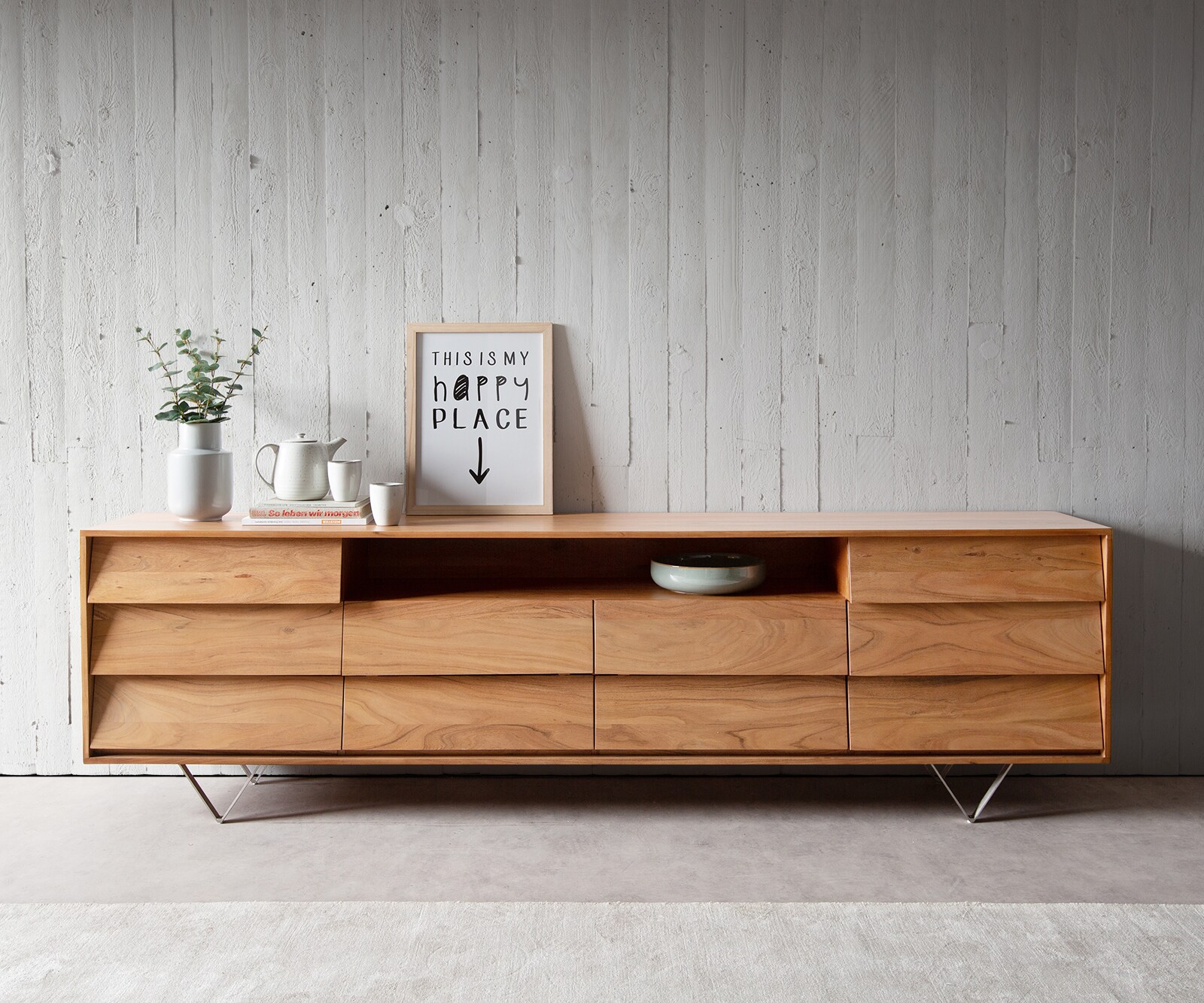 Komoda Eloi 240x40 cm akacja naturalna 2 drzwi 6 szuflad nóżki V stal nierdzewna 1