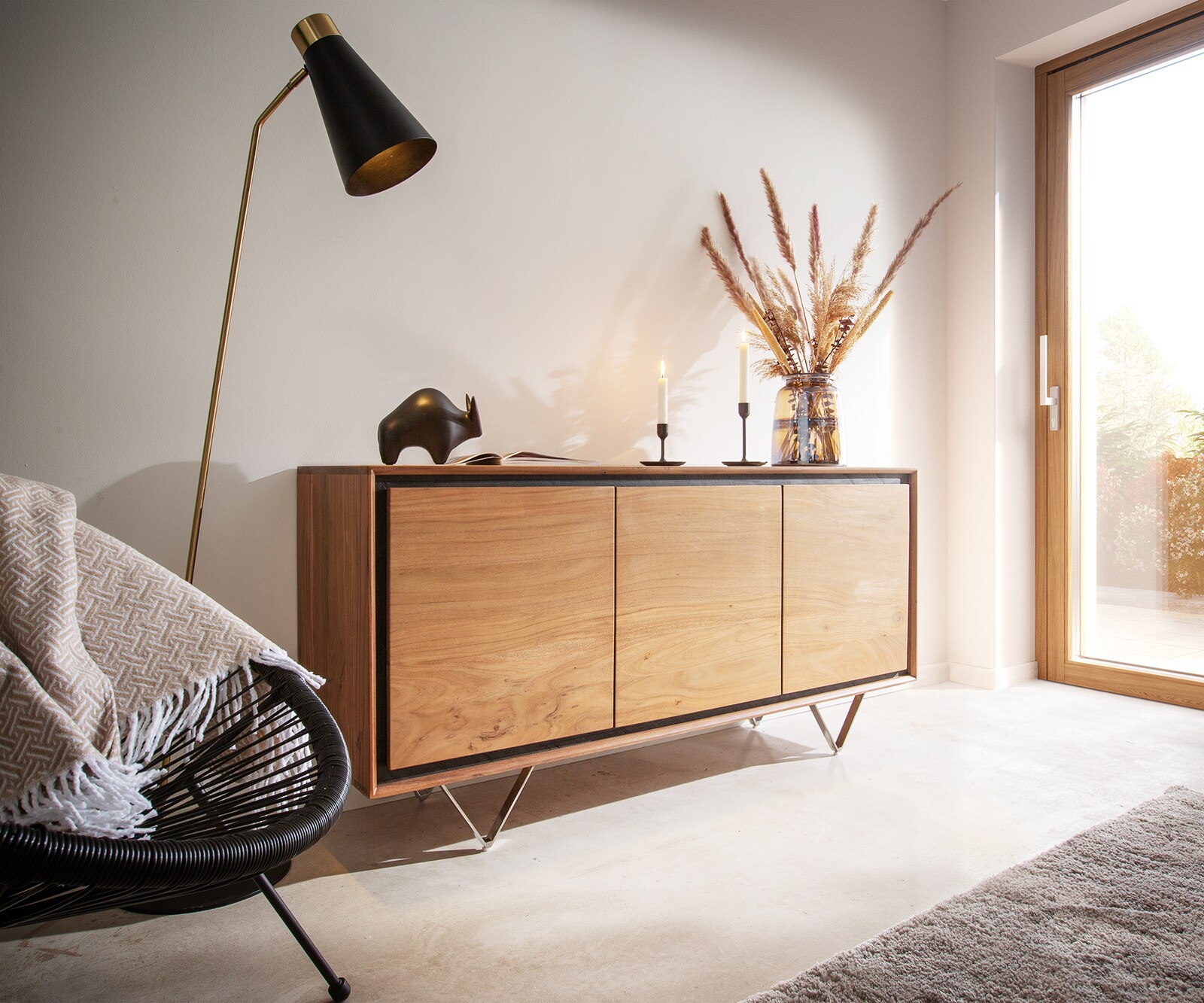 Komoda Stonegrace 200 cm akacja naturalna 4 drzwi fornir kamienny nóżki V 4