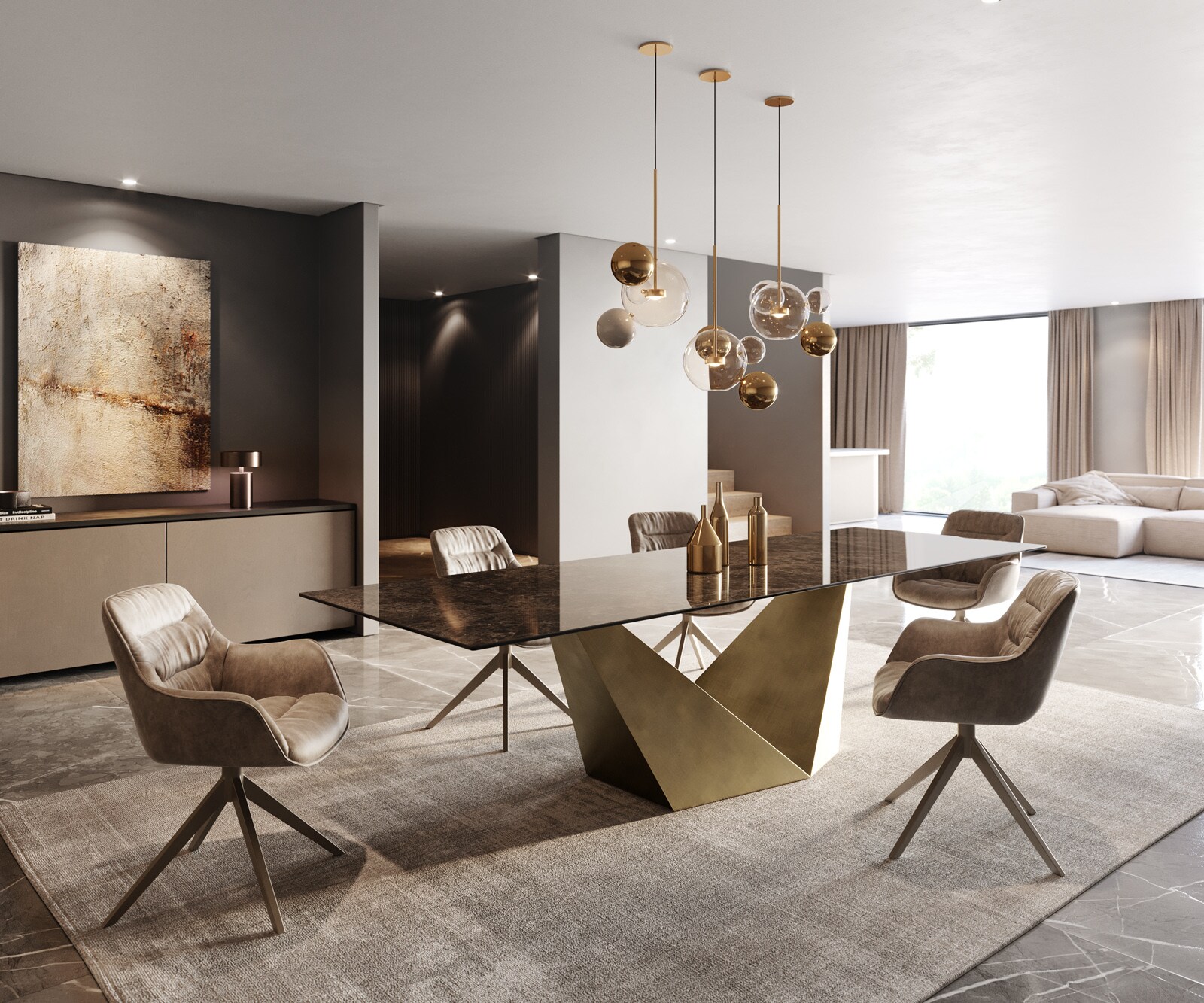 Stół do jadalni Edge 300x100 cm ceramika Laminam® Emperador Extra Lucidato ciemnobrązowa rama Prisma metaliczny złoty 5