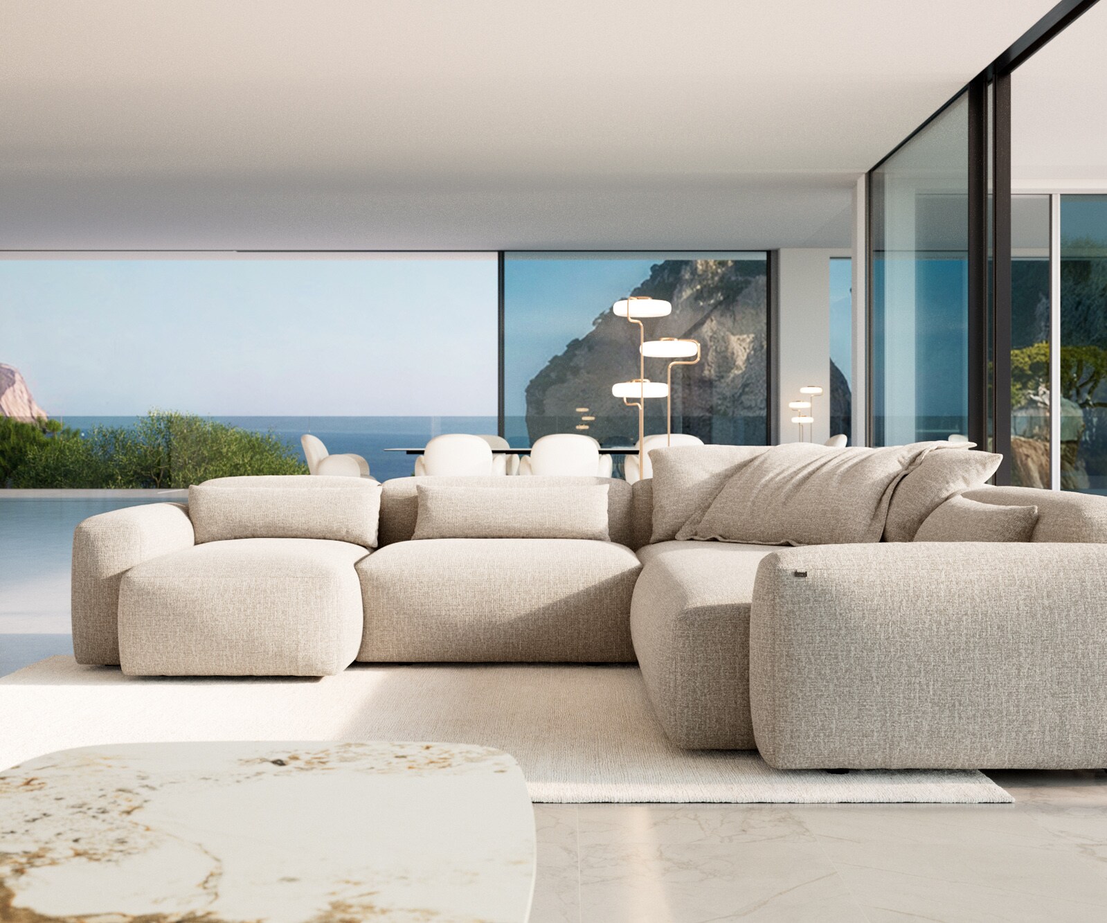 Sofa w kształcie litery U Freestyle 360x290 cm miękka tkanina beżowa szew płaski 1