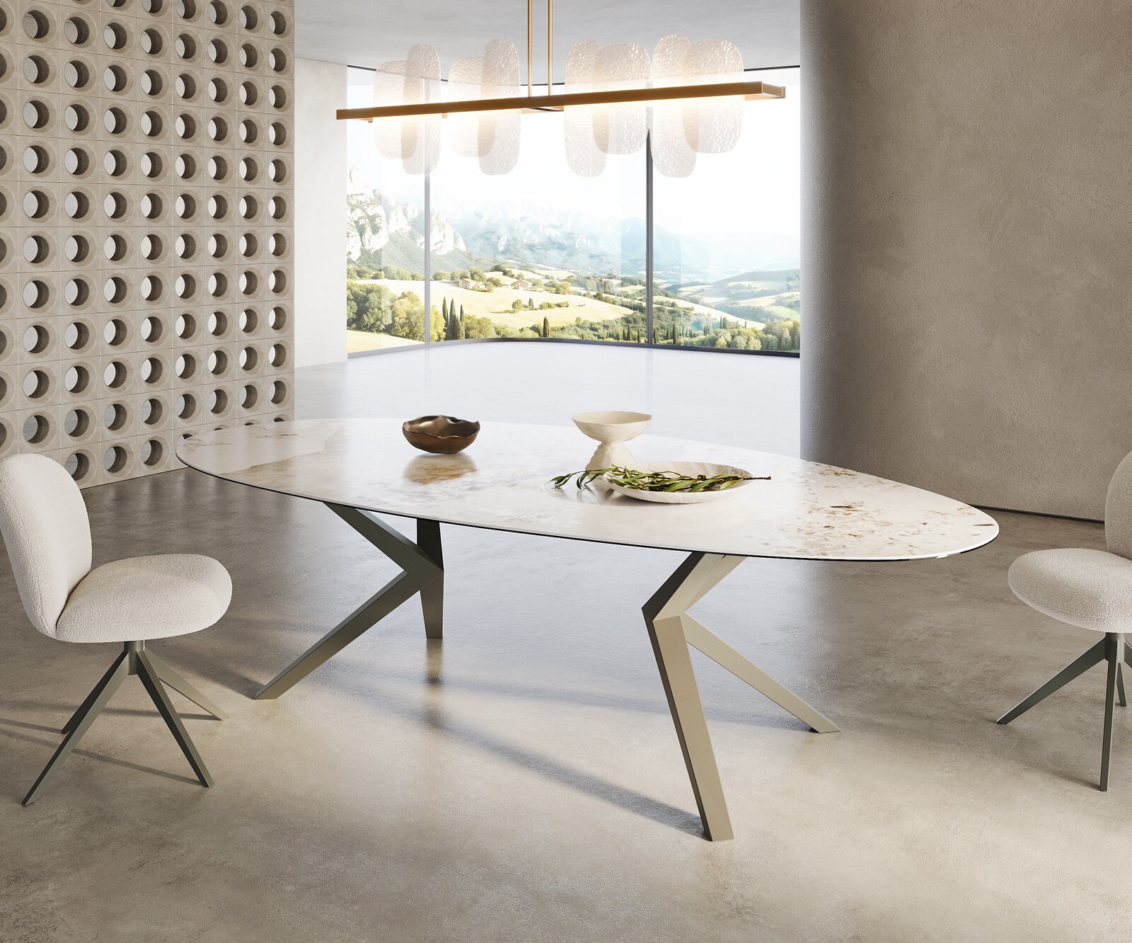 Stół do jadalni Edge owalny 280x130cm ceramika Minas Melange biało-beżowy rama Zenthara metal kolor tytanowy 4