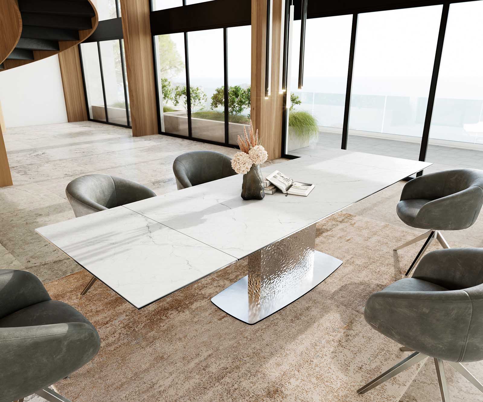 Stół do jadalni Edge 200-300x100 cm ceramika Laminam® Statuarietto biały rama Wave stal nierdzewna rozkładany