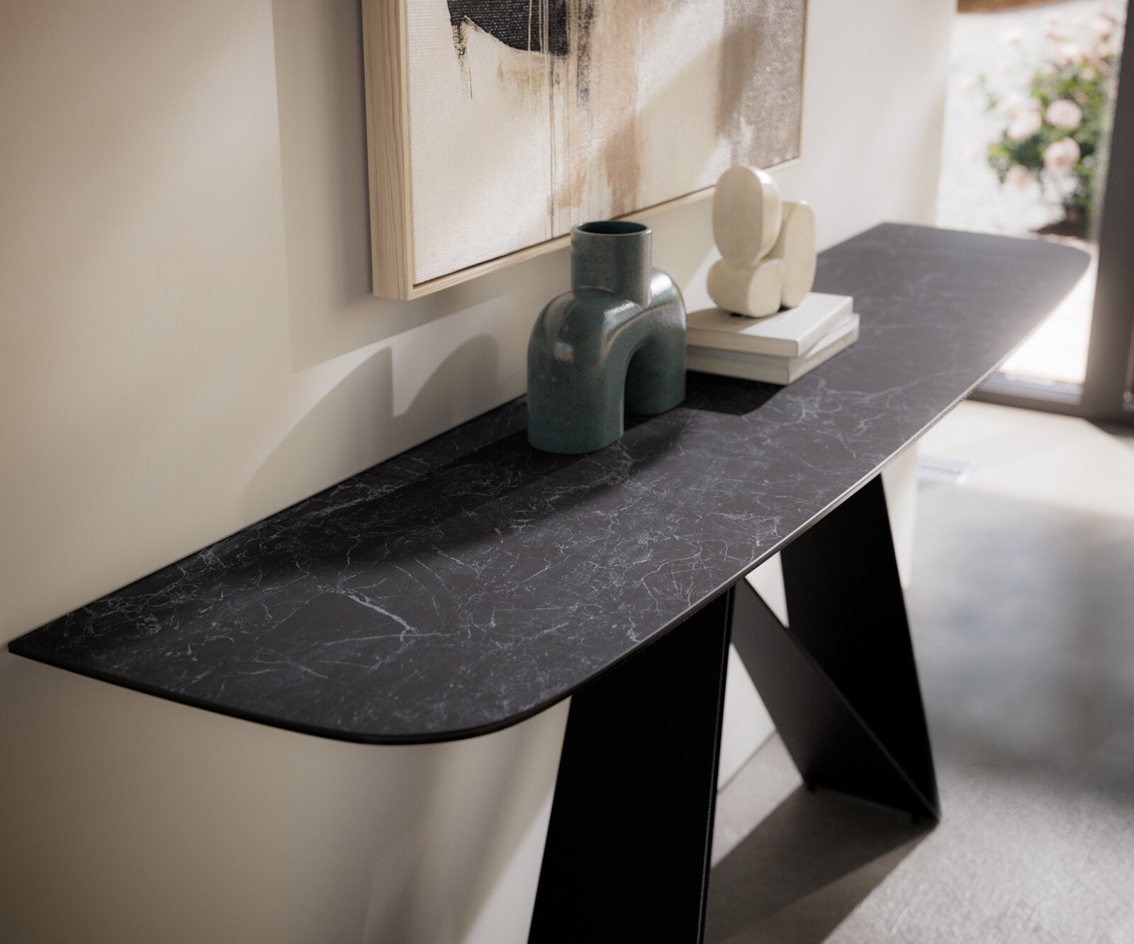 Konsola Edge w kształcie beczki 180x40 cm Laminam® Nero Greco antracytowa podstawa Velio metal czarny 2