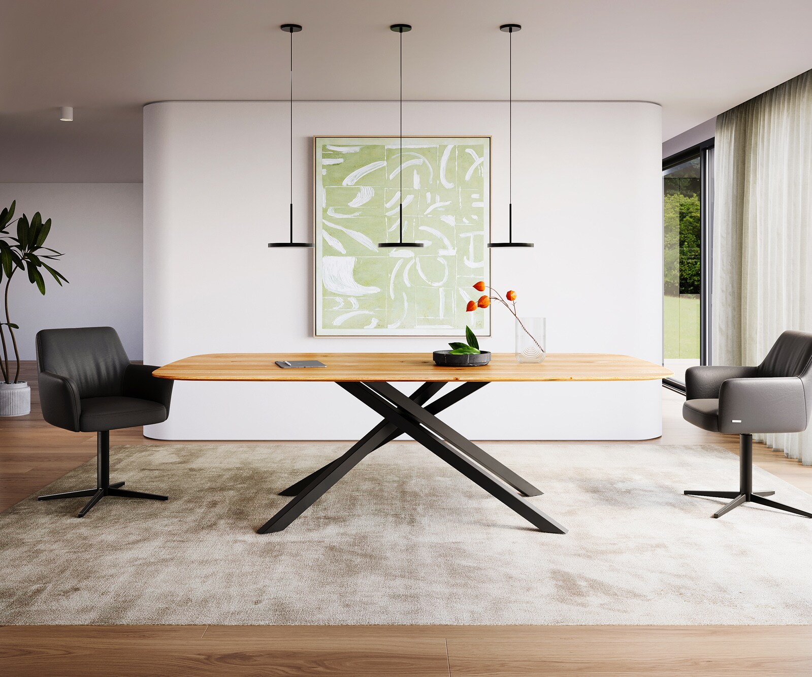 Stół do jadalni Edge kształt beczki 240x120x2,5-3cm dąb naturalny rama Cross czarna krawędź szwajcarska