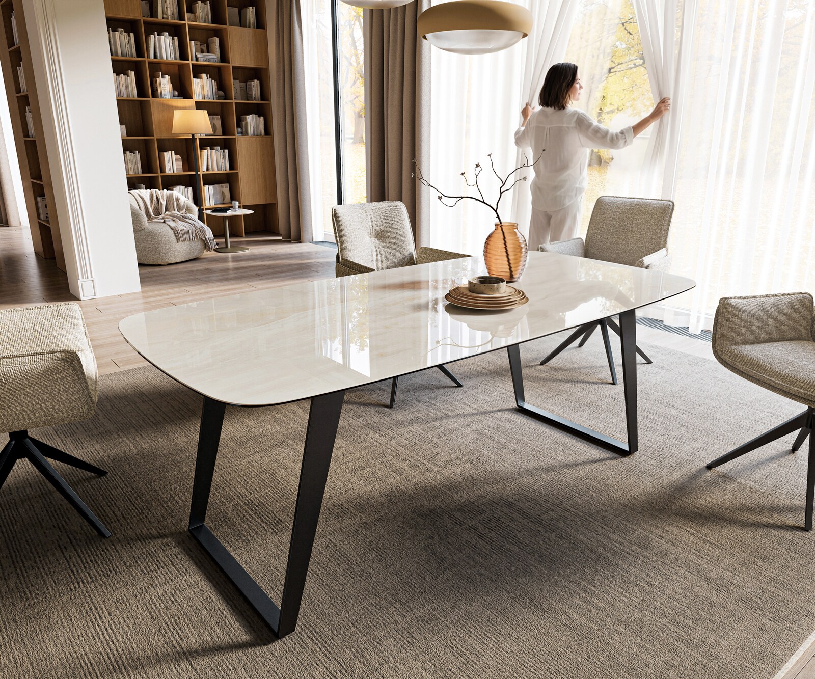 Stół do jadalni Edge w kształcie beczki 200x100 cm ceramika Onyx Champagne rama pochylona metal czarny