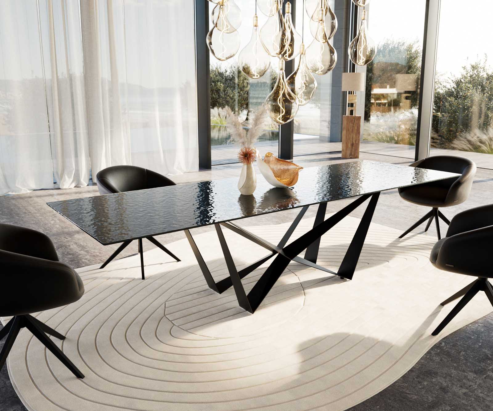 Stół do jadalni Edge 300x100cm szkło reliefowe czarne efekt 3D rama Spider metal czarna