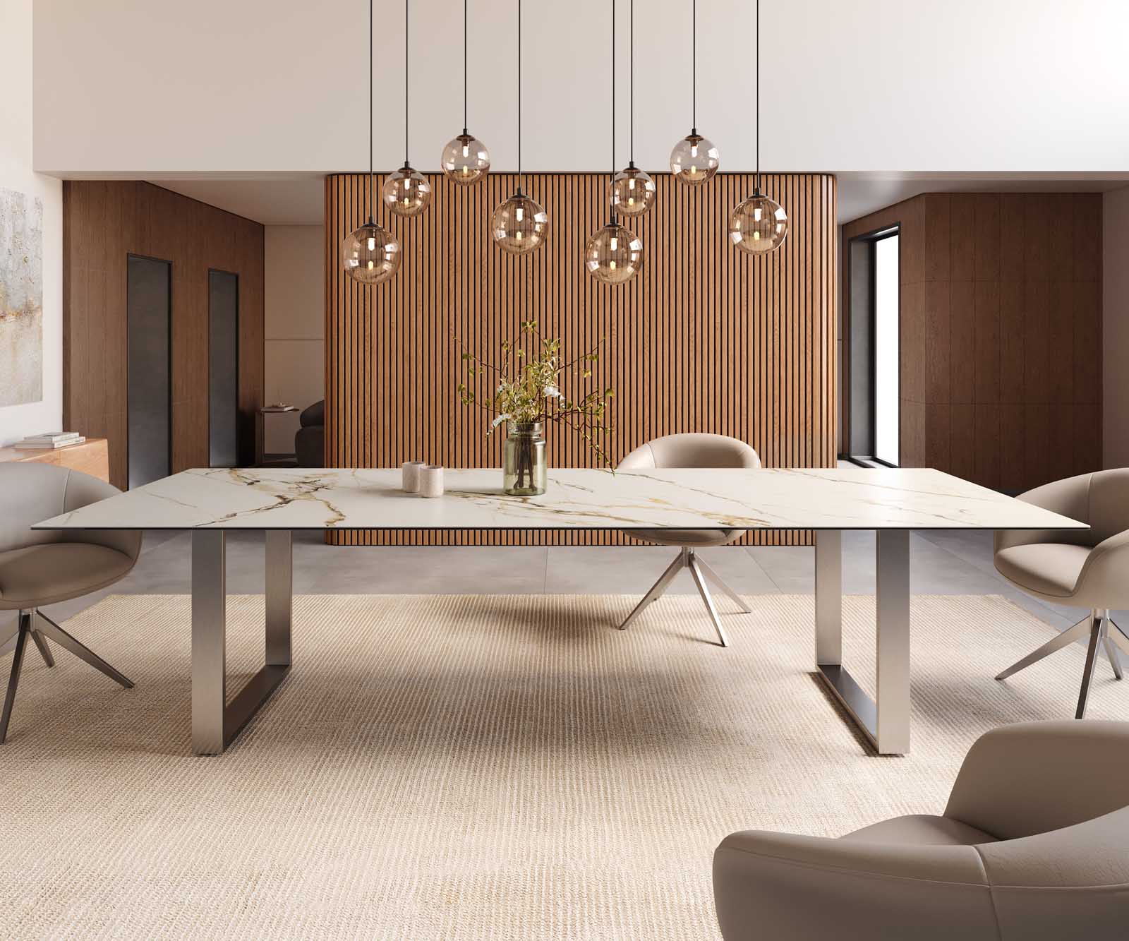 Stół do jadalni Edge 300x100cm ceramika Calacatta Luxe biało-złoto-szara rama wąska stal nierdzewna 2