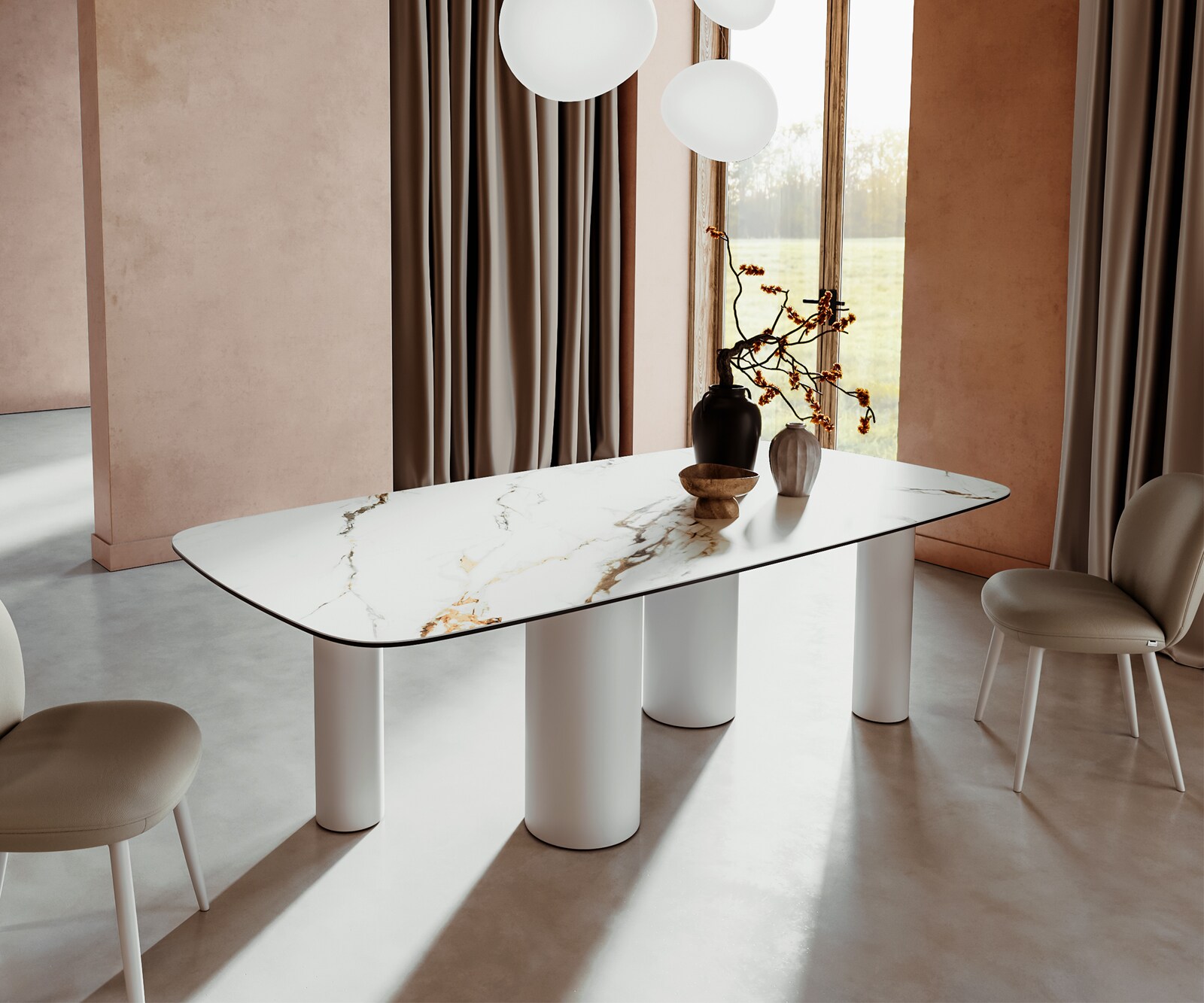 Stół do jadalni Edge kształt beczki 240x120cm ceramika Calacatta Luxe biało-złoto-szary rama Pilier metal biały 1
