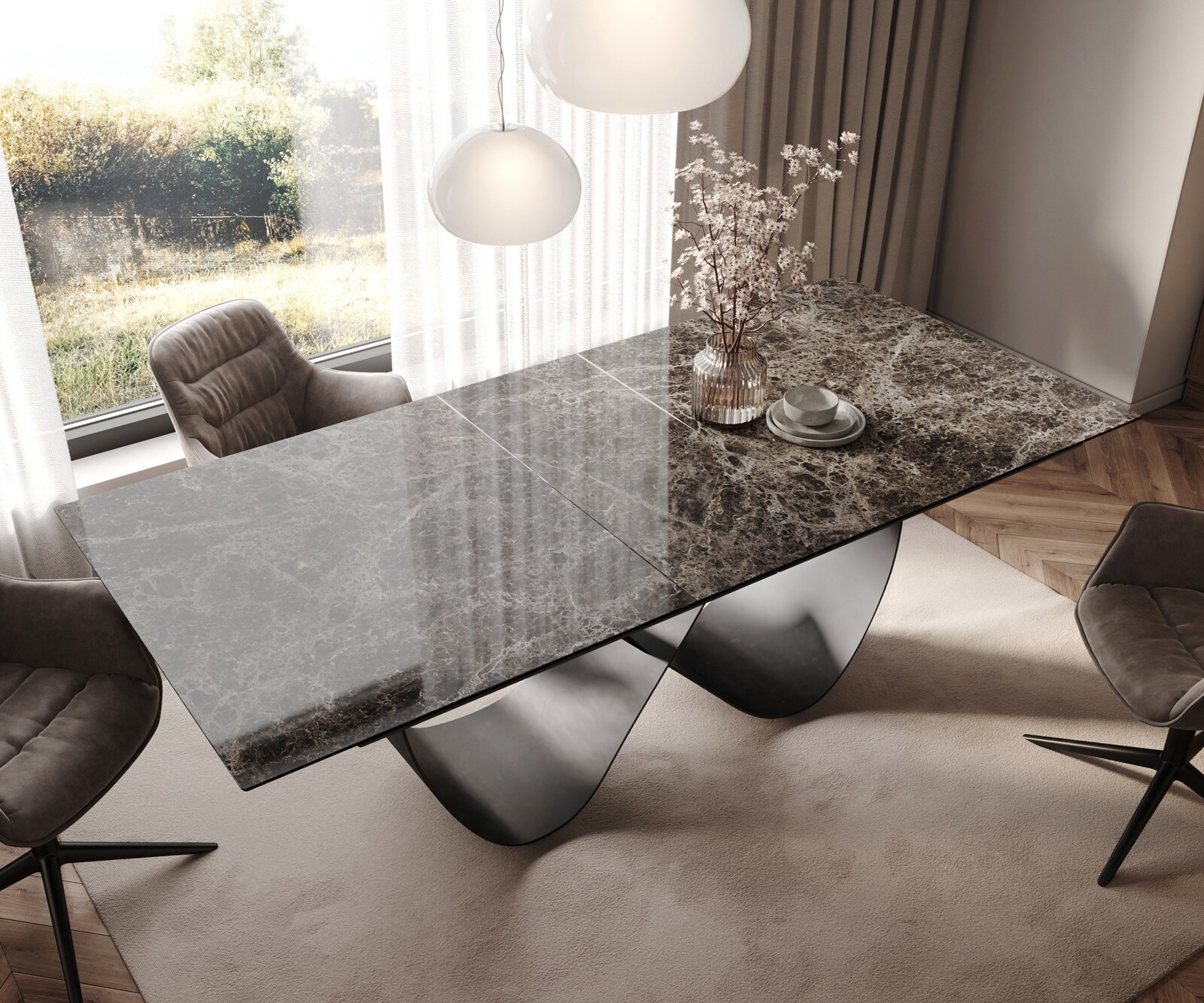 Stół do jadalni Edge 180-220x100cm ceramika Laminam® Emperador Extra Lucidato ciemnobrązowy rama Infinity metal czarny rozkładany 3