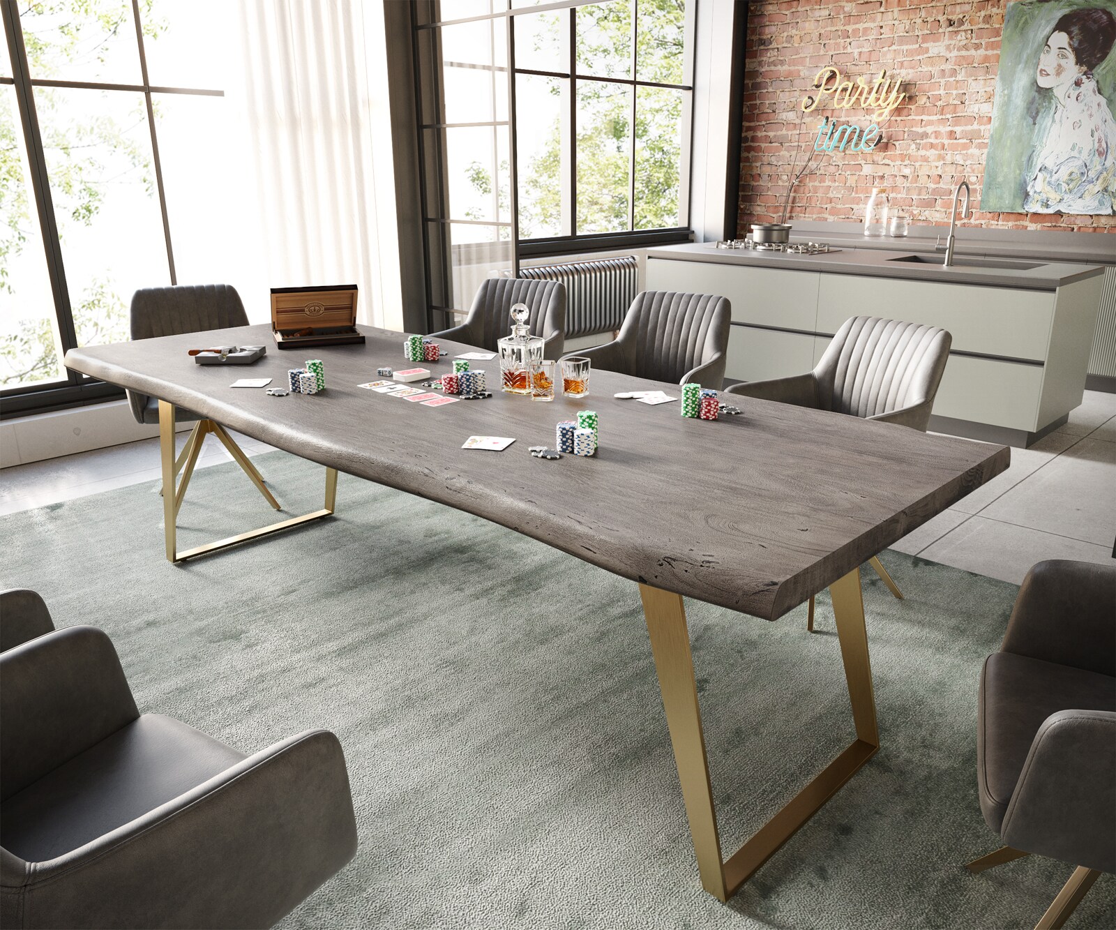 Stół do jadalni Edge 260x100cm XL akacja platynowa stal nierdzewna złota rama pochylona
