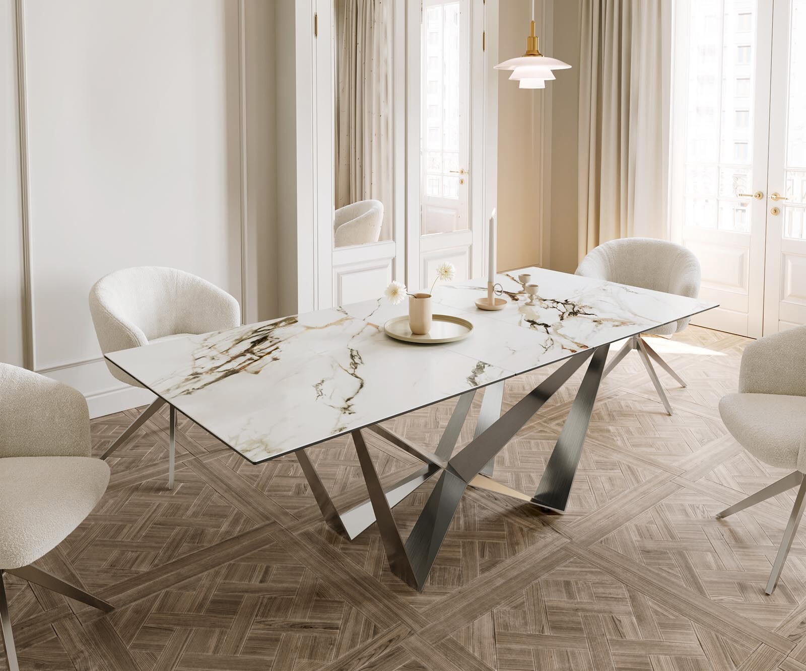Stół do jadalni Edge 180-220x100 cm ceramika Calacatta Luxe biało-złoto-szary rama Spider stal nierdzewna rozkładany