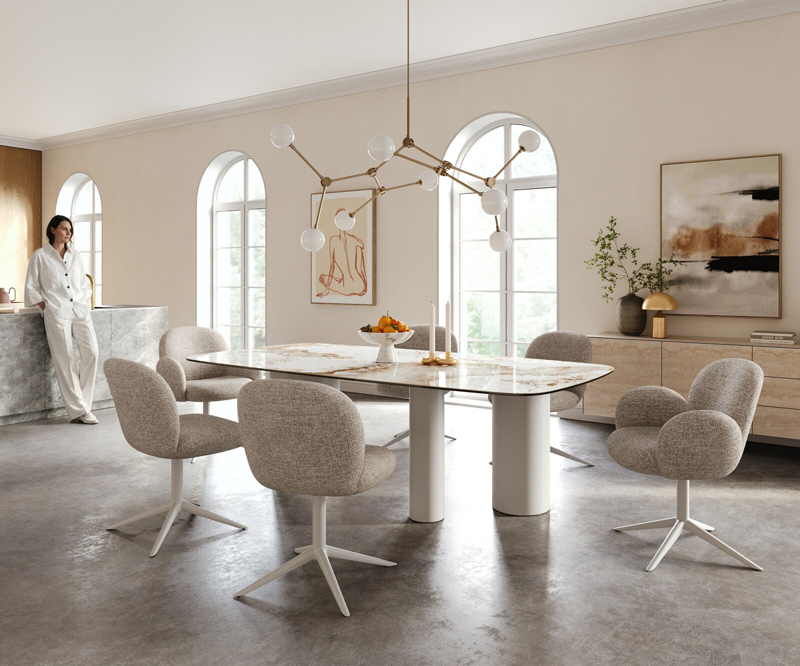 Stół do jadalni Edge w kształcie beczki 240x120 cm ceramika Minas Melange biało-beżowa rama Troa metal biały 6