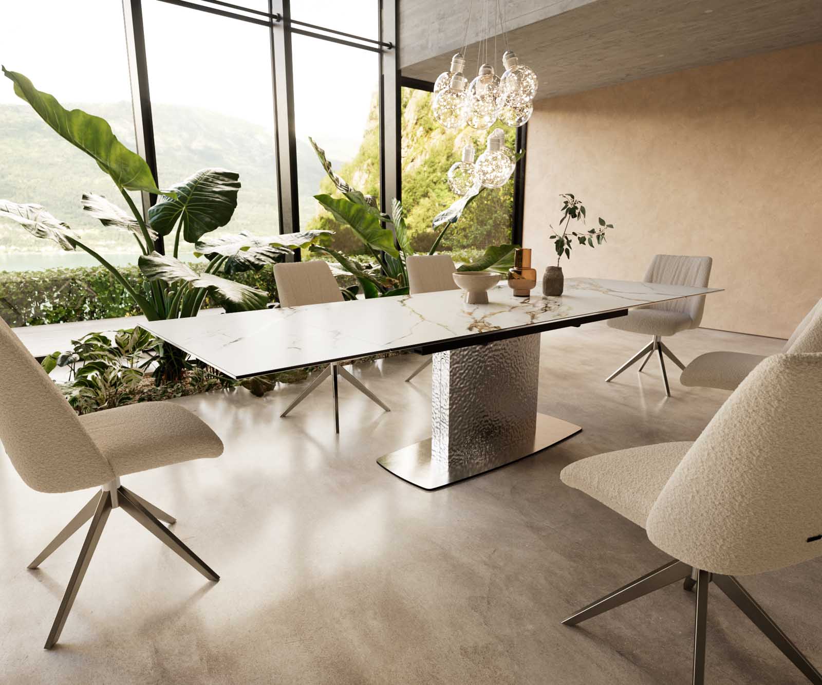 Stół do jadalni Edge 200-300x100 cm ceramika Calacatta Luxe biało-złoto-szary rama Wave stal nierdzewna rozkładany
