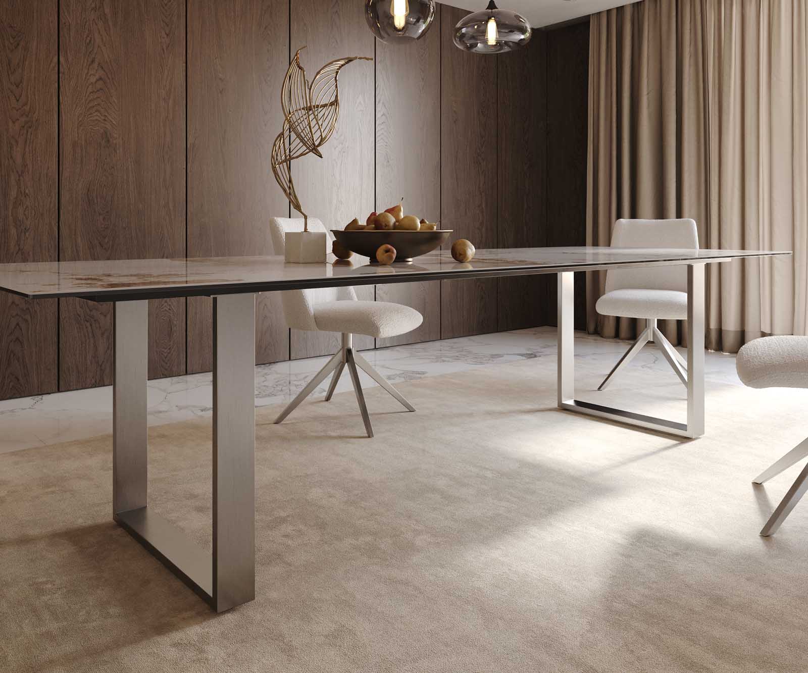 Stół do jadalni Edge 300x100cm ceramika Minas Melange biało-beżowy stal nierdzewna wąska rama 6
