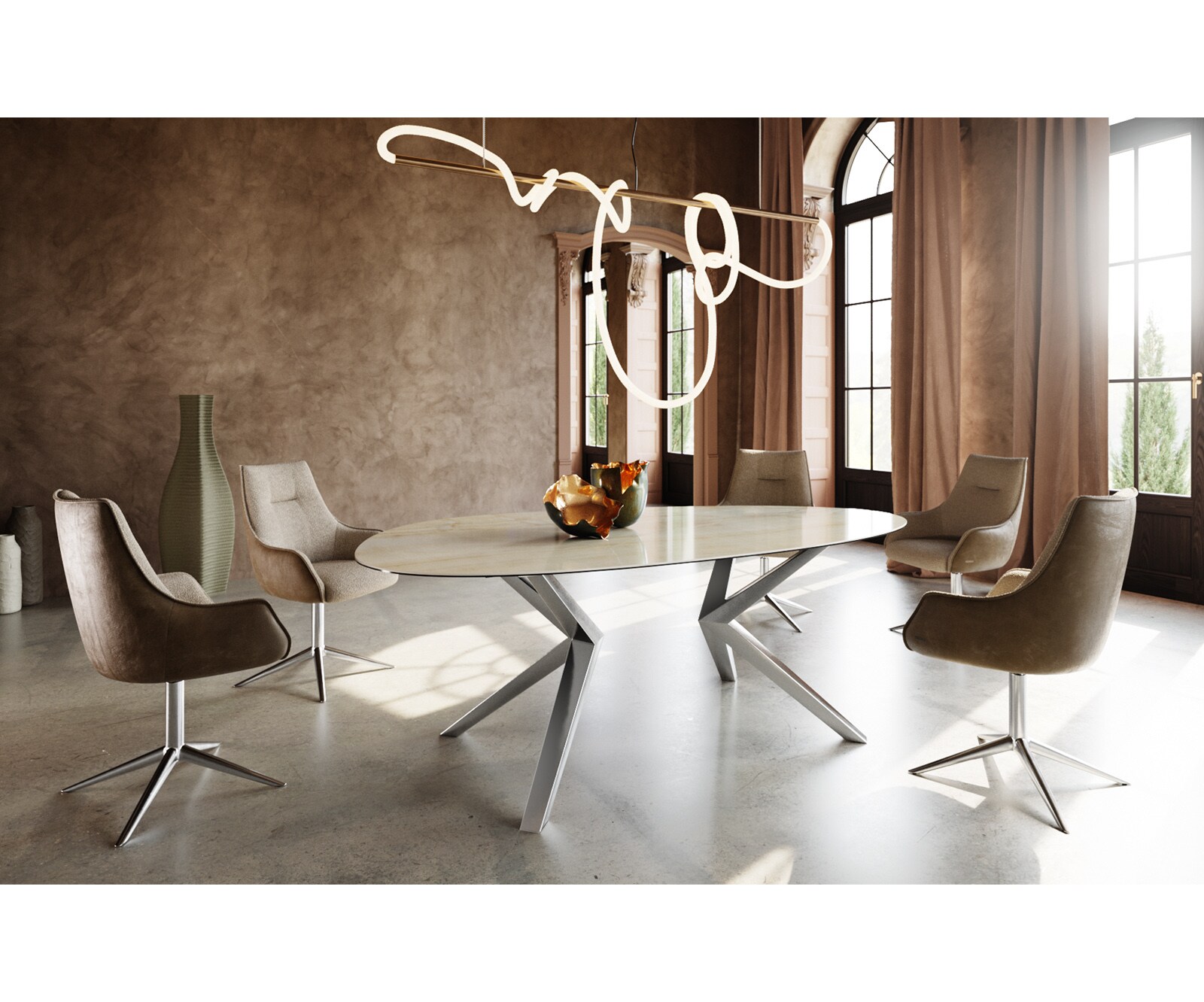 Stół do jadalni Edge owalny 220x120cm ceramika Iris FMG Onice Oro rama Zenthara stal nierdzewna 6