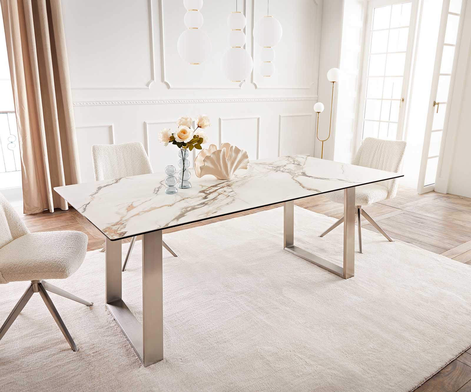 Stół do jadalni Edge 200x100 cm ceramika Calacatta Luxe biało-złoto-szary stal nierdzewna wąska rama 1