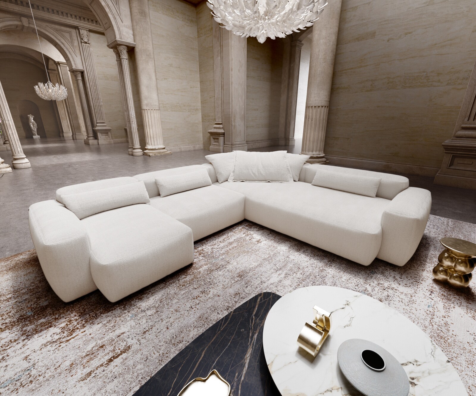 Sofa w kształcie litery U Freestyle 360x290 cm miękka tkanina bouclé beżowa szew płaski 1