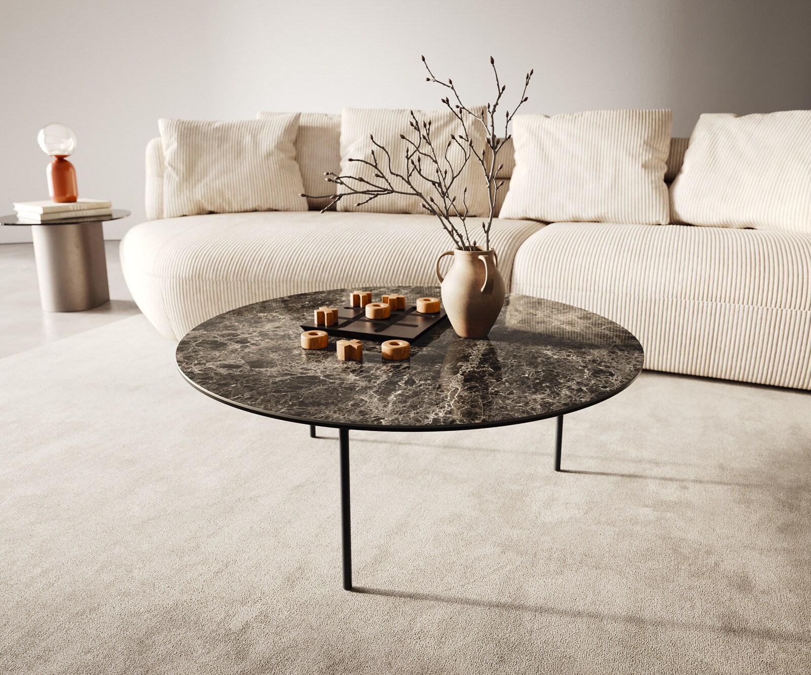 Stolik kawowy Edge okrągły 90x90 cm ceramika Laminam® Emperador Extra Lucidato brązowa podstawa Trive metal czarny 1
