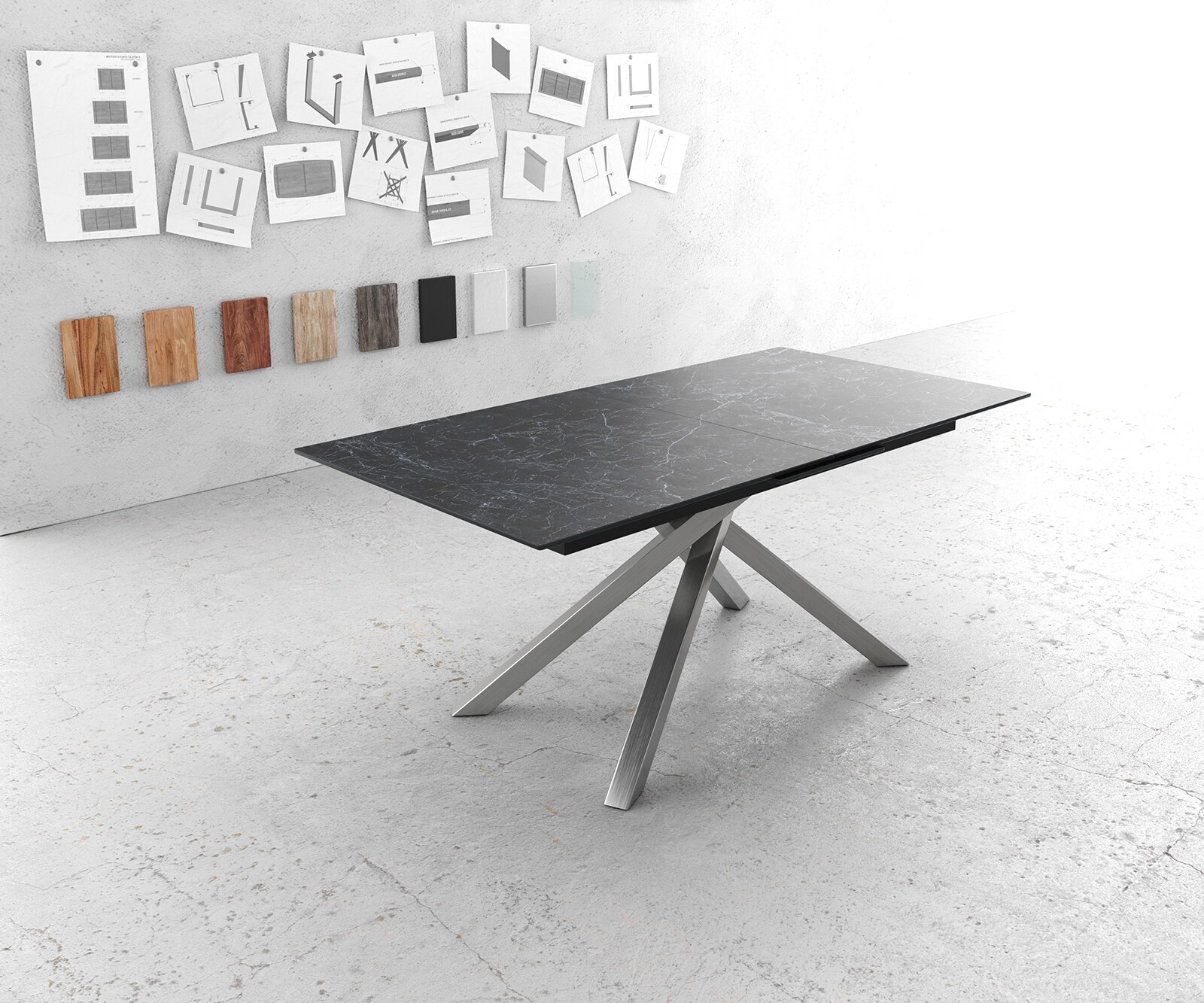 Stół do jadalni Edge 180-220x100 cm ceramika Laminam® Nero Greco antracyt rama Cross stal nierdzewna rozkładany 1