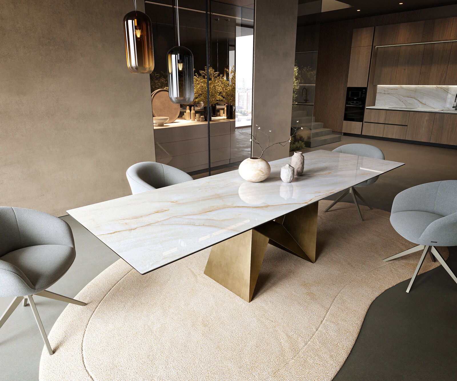 Stół do jadalni Edge 300x100cm ceramika Onyx Pearl rama Origami metaliczny złoty