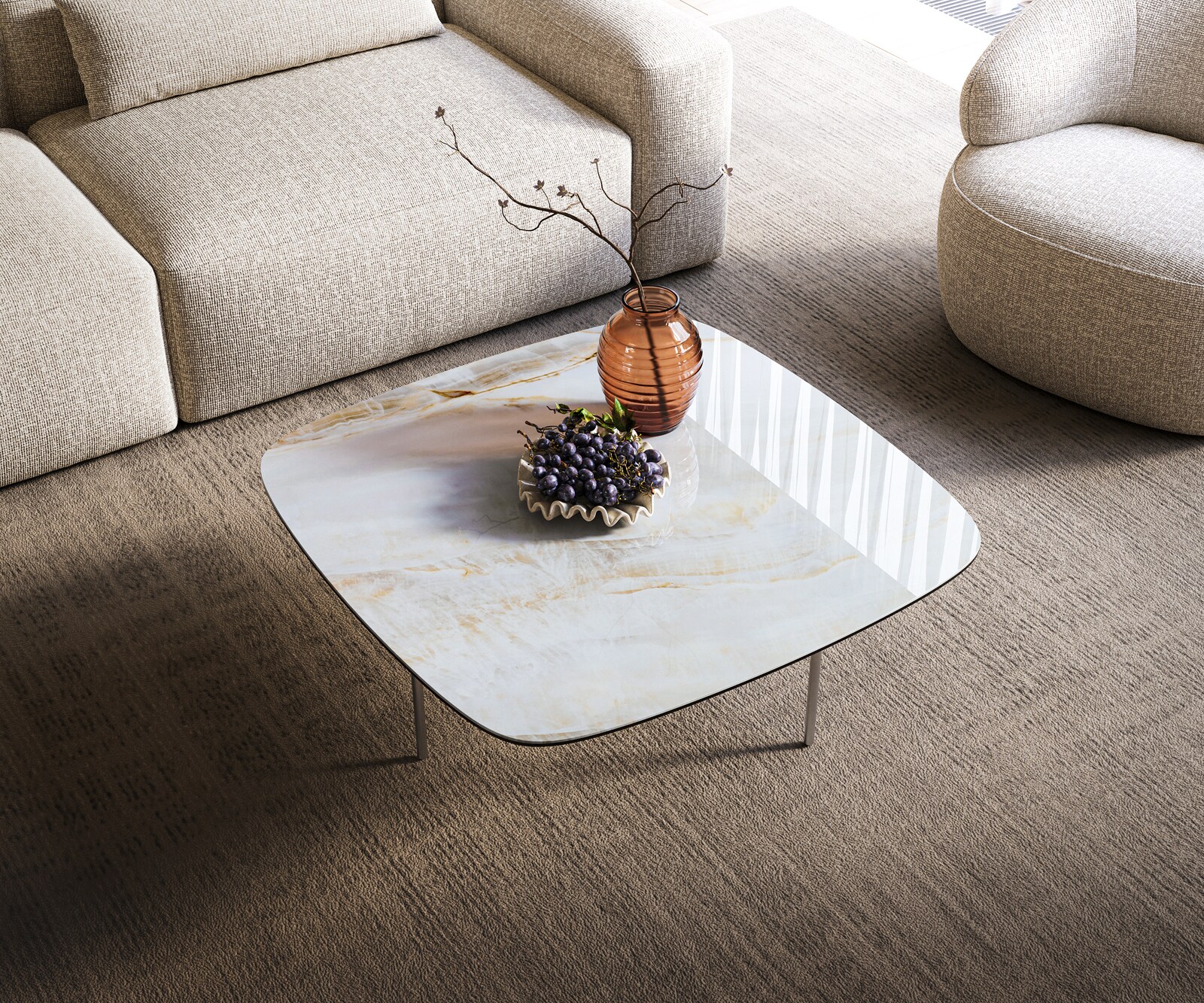 Stolik kawowy Edge w kształcie beczki 90x90 cm ceramika Onyx Pearl podstawa Trive stal nierdzewna szczotkowana 4
