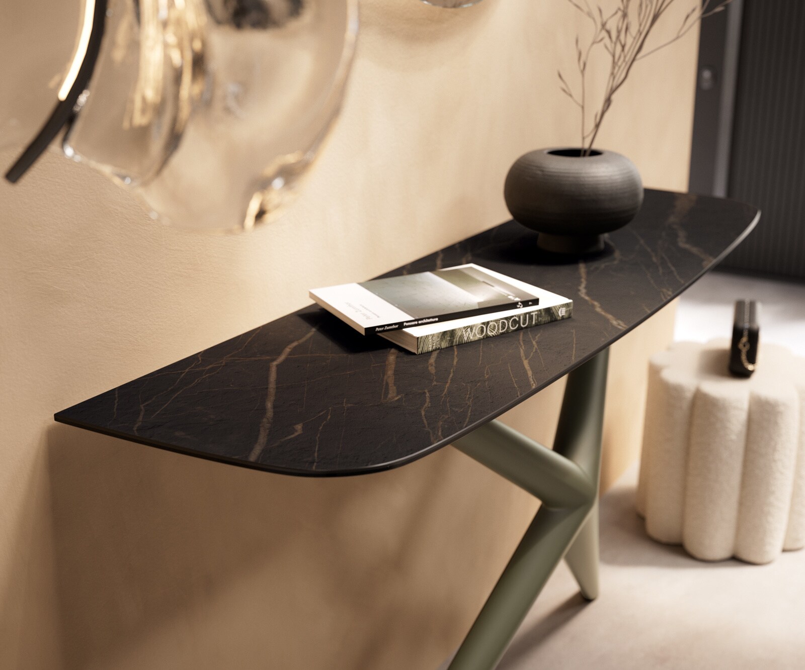 Konsola Edge w kształcie beczki 140x40 cm ceramika Laminam® Noir Desir brązowa rama Estelo metal w kolorze tytanu 6