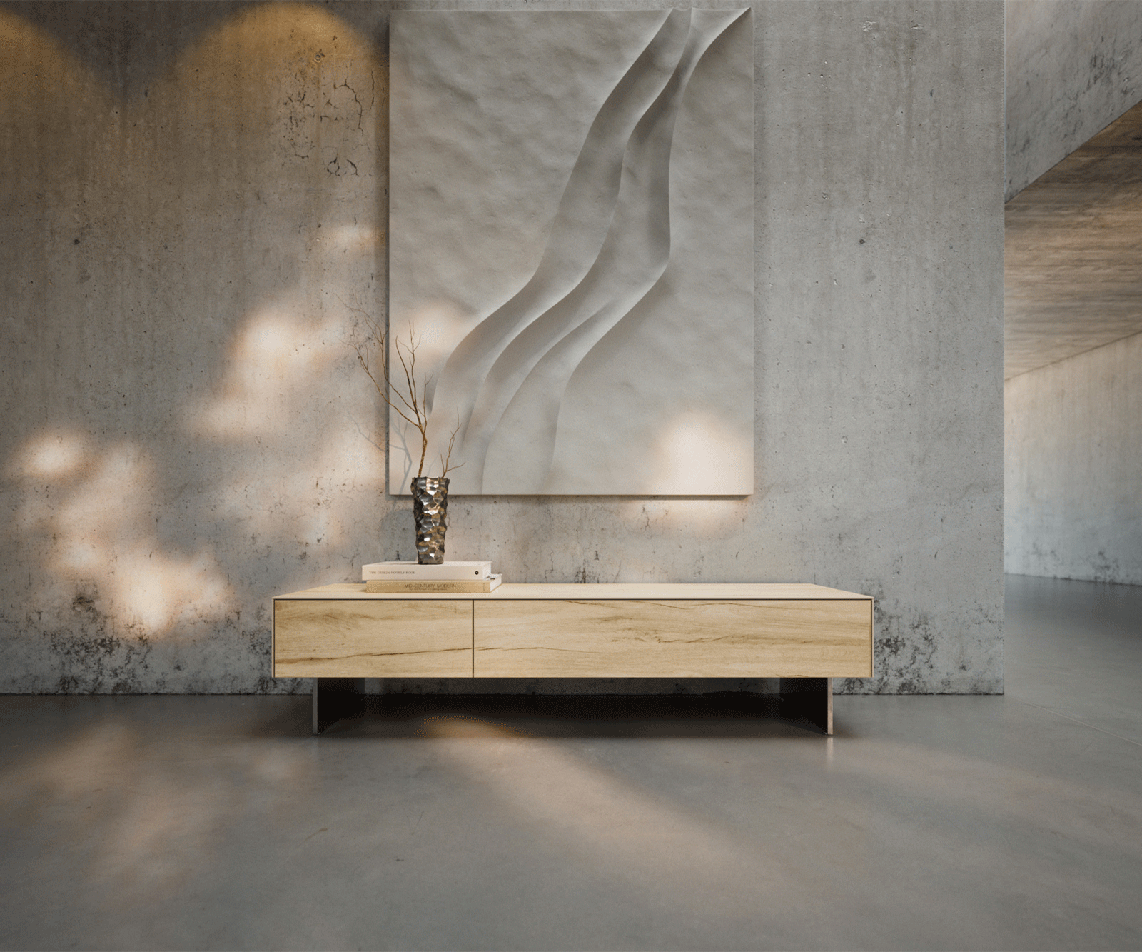 Szafka RTV Cuor 150 cm ceramika Laminam® Sabbia (kolor dębu) 1 klapa 1 szuflada nóżki wąskie stal nierdzewna 1