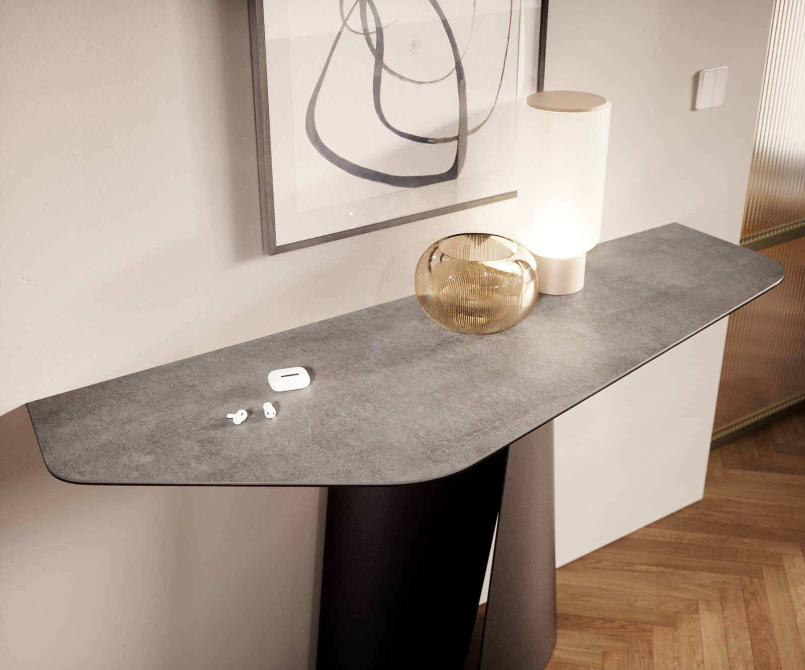 Konsola Edge wielokątna 140x50 cm ceramika w kolorze betonowej szarości podstawa Livos metal czarny 6
