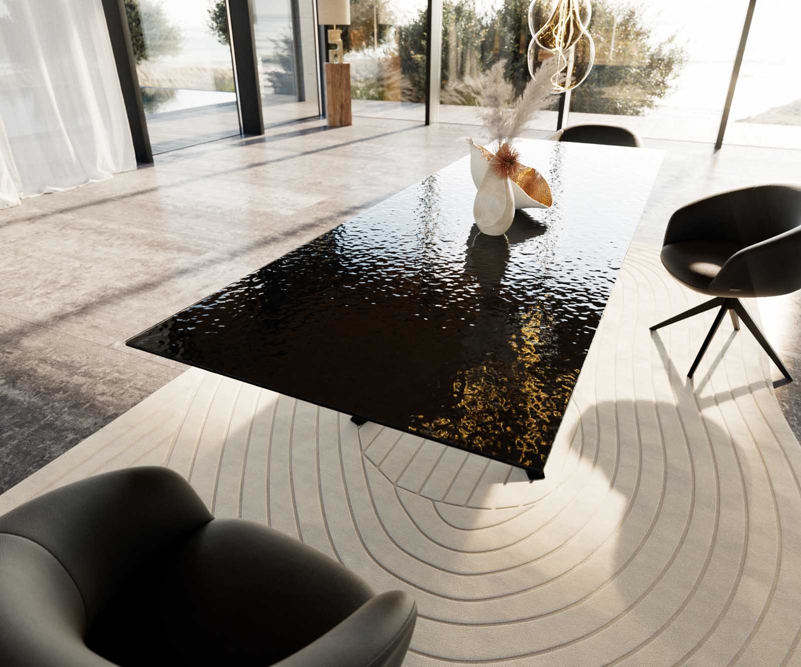 Stół do jadalni Edge 300x100cm szkło reliefowe czarne efekt 3D rama Cross czarna 6