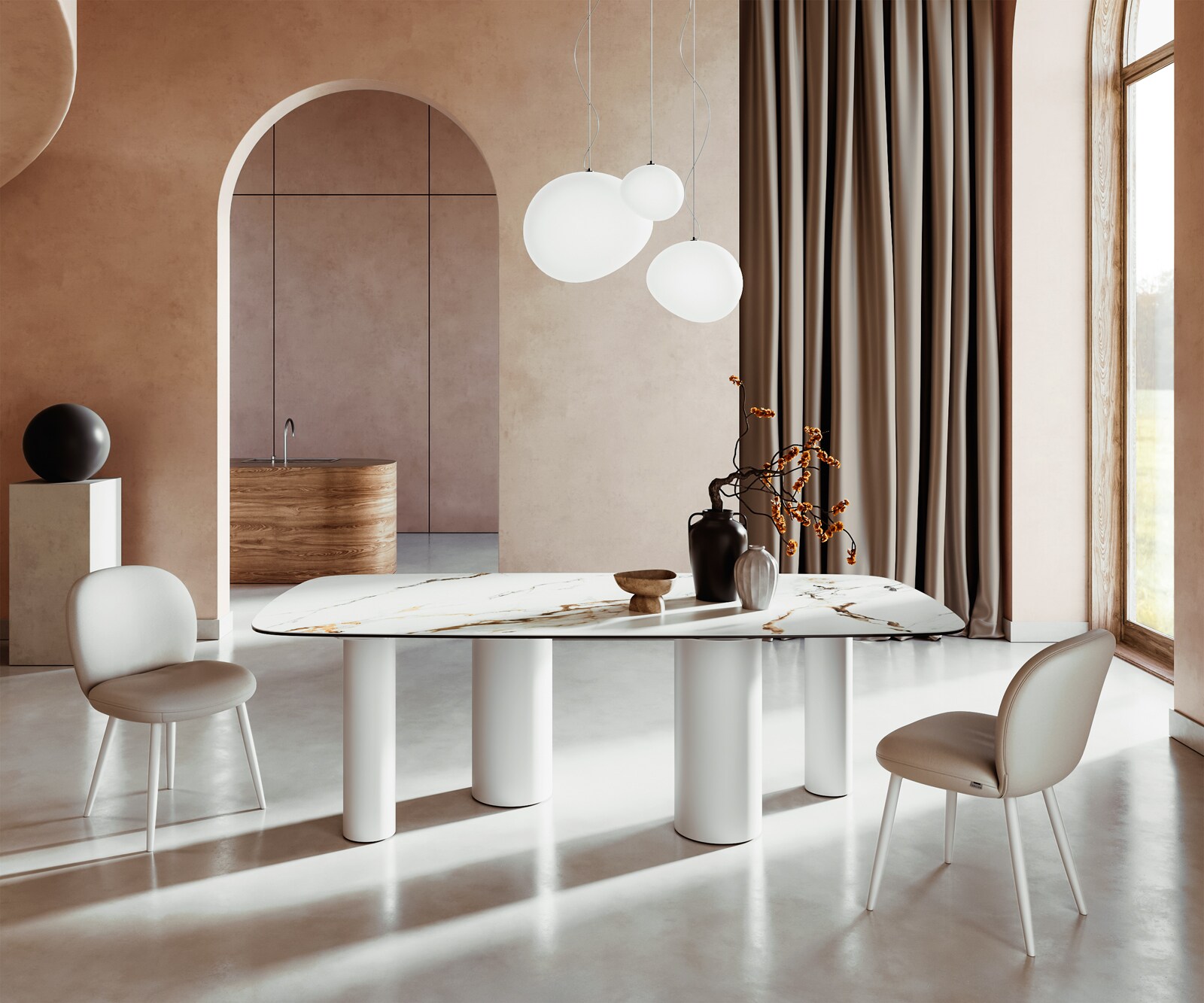 Stół do jadalni Edge kształt beczki 240x120cm ceramika Calacatta Luxe biało-złoto-szary rama Pilier metal biały