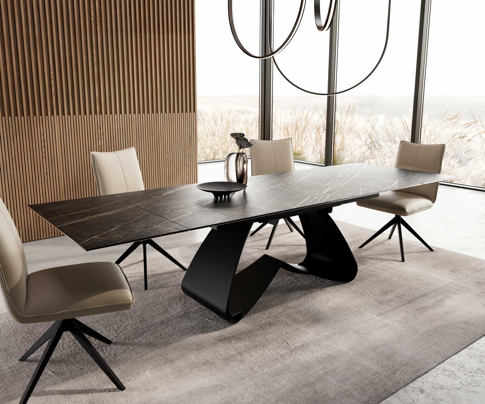 Stół do jadalni Edge 200-300x100 cm ceramika Laminam® Noir Desir brązowy rama W czarna rozkładany 7