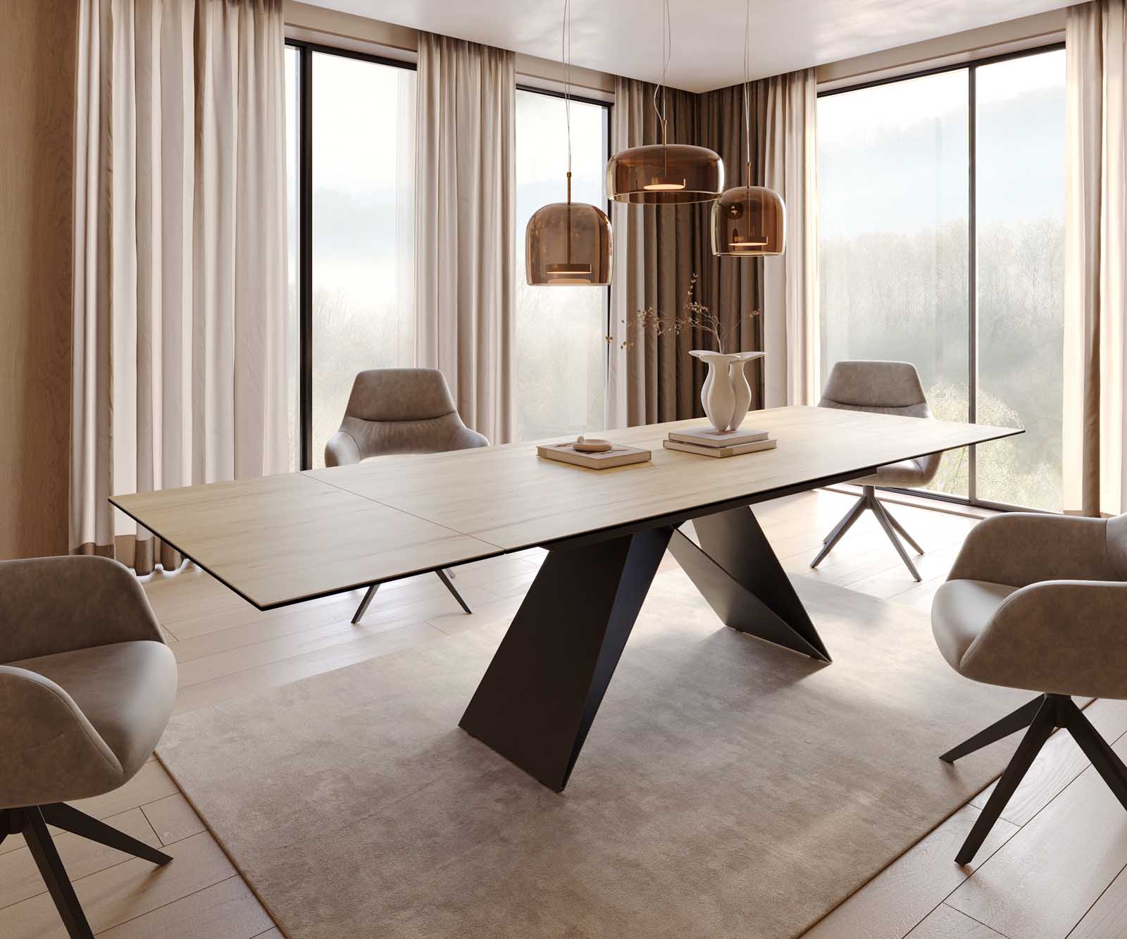 Stół do jadalni Edge 200-300x100 cm ceramika Laminam® Sabbia kolor dębu rama V metal czarna rozkładany 1