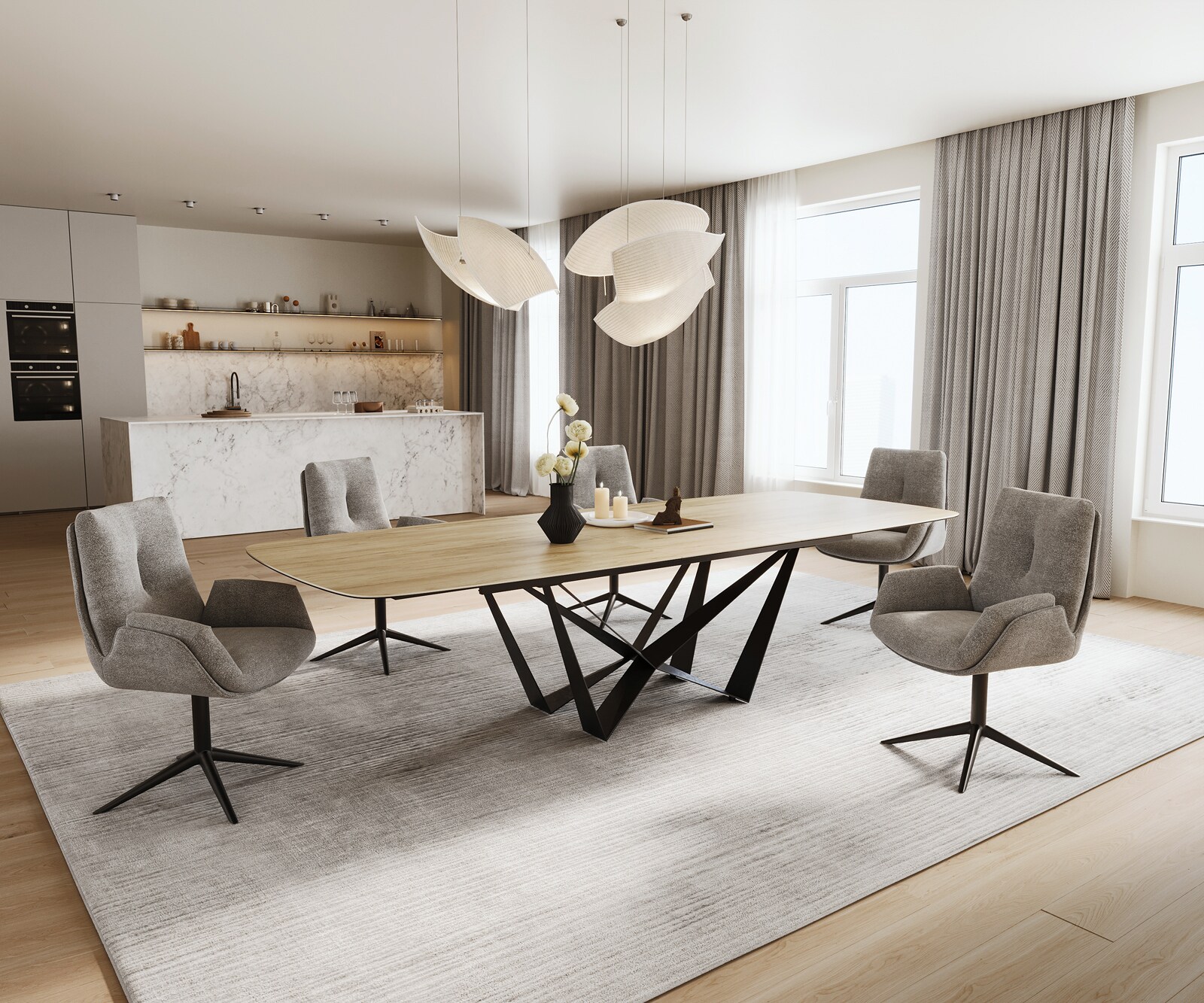 Stół do jadalni Edge w kształcie beczki 240-300x120 cm ceramika Laminam® Sabbia w kolorze dębu rama Spider metal czarny rozkładany 6