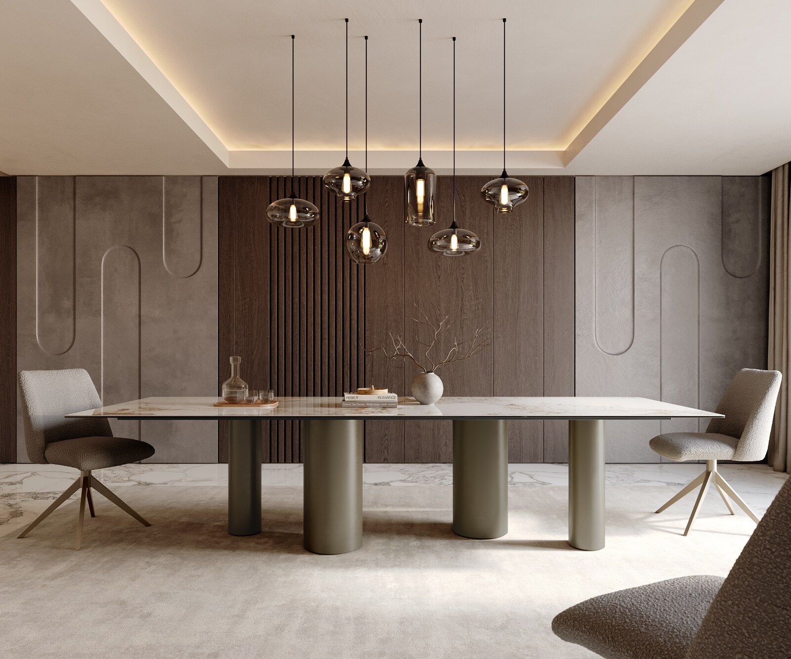 Stół do jadalni Edge 300x100cm ceramika Minas Melange biało-beżowy rama Pilier metal kolor tytanowy 2