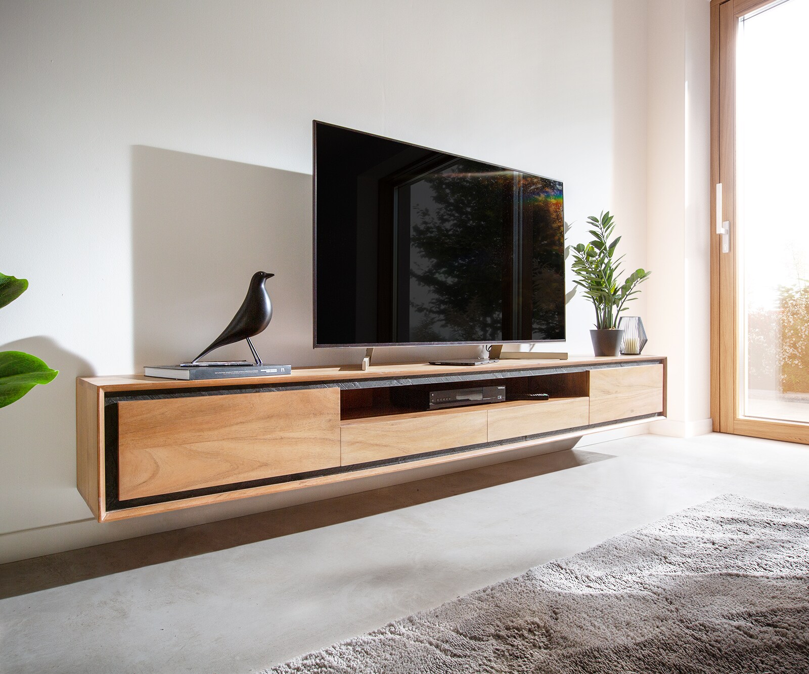 Szafka RTV Stonegrace 240 cm akacja naturalna 2 drzwi 1 przegroda 2 szuflady fornir kamienny podwieszana