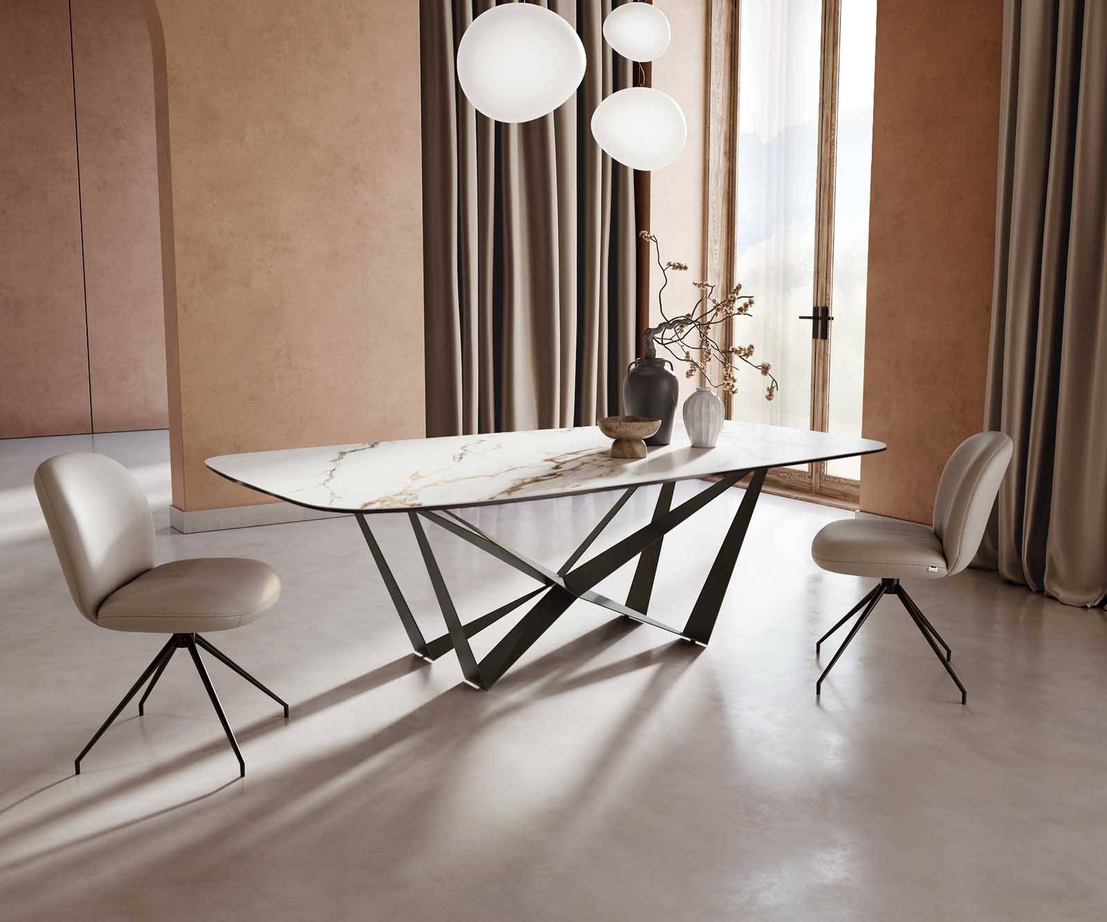 Stół do jadalni Edge kształt beczki 240x120cm ceramika Calacatta Luxe biało-złoto-szary rama Spider metal czarna 1