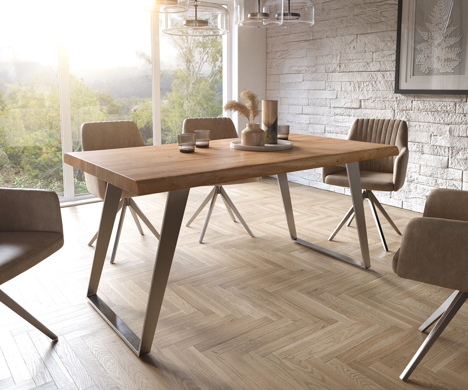 Stół do jadalni Edge 160x90cm XL akacja naturalna stal nierdzewna pochylona rama live-edge