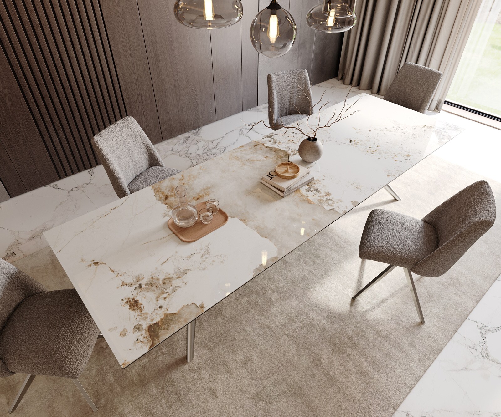 Stół do jadalni Edge 300x100cm ceramika Minas Melange biało-beżowy rama Estelar stal nierdzewna 4