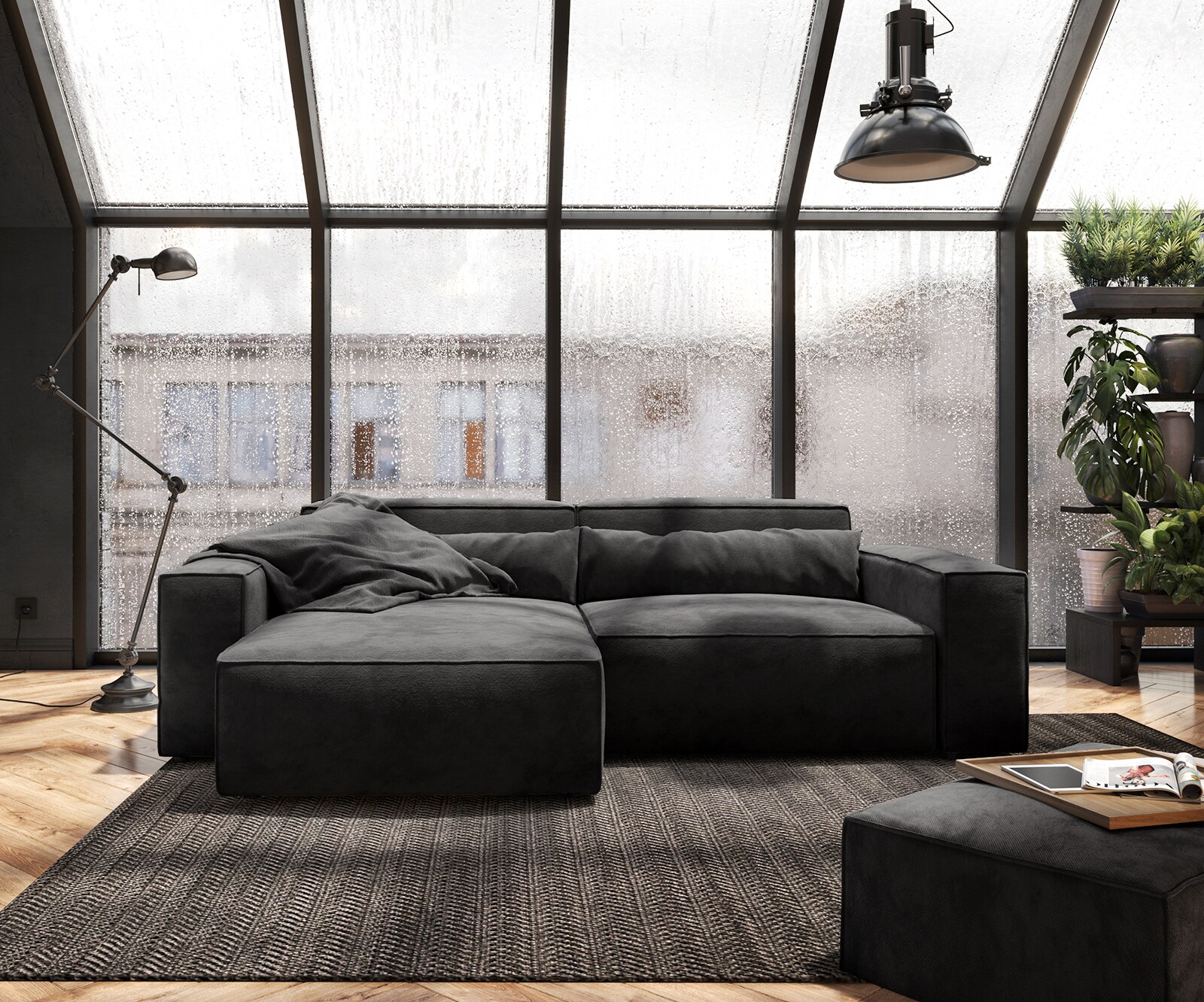 Sofa narożna Sirpio 230x155 cm mikrofibra czarna szezlong z możliwością obustronnego montażu z pufem 2